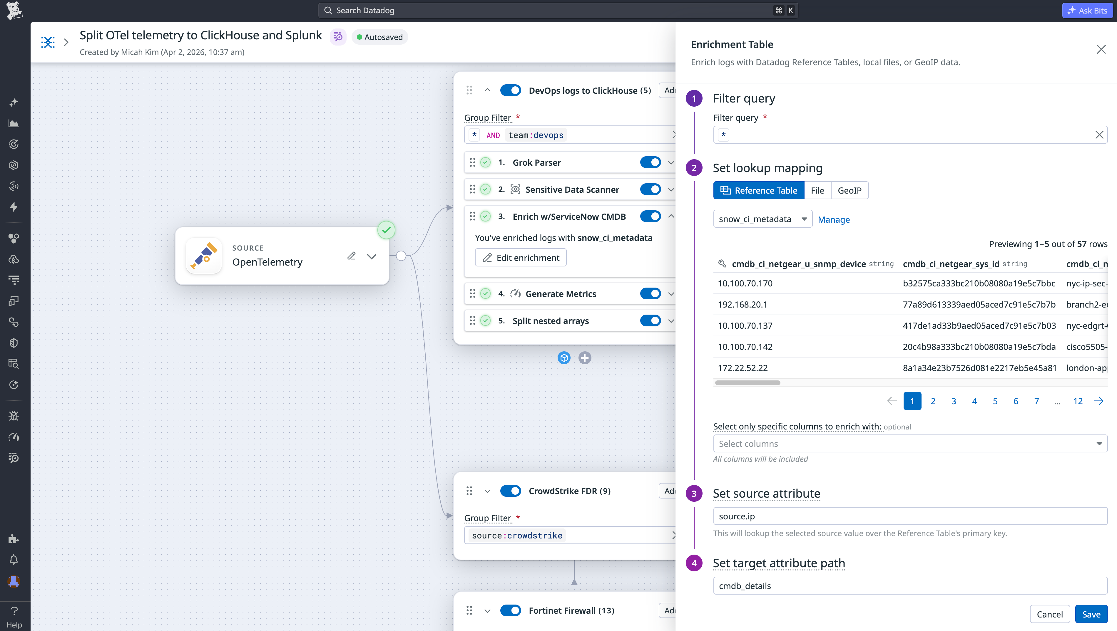 Observability Pipelines enrichment table configuration connecting logs to ServiceNow CMDB data.