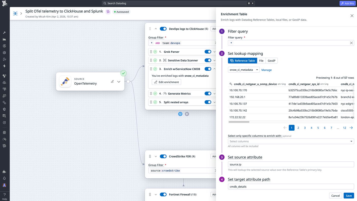 Observability Pipelines enrichment table configuration connecting logs to ServiceNow CMDB data. Observability Pipelines enrichment table configuration connecting logs to ServiceNow CMDB data.