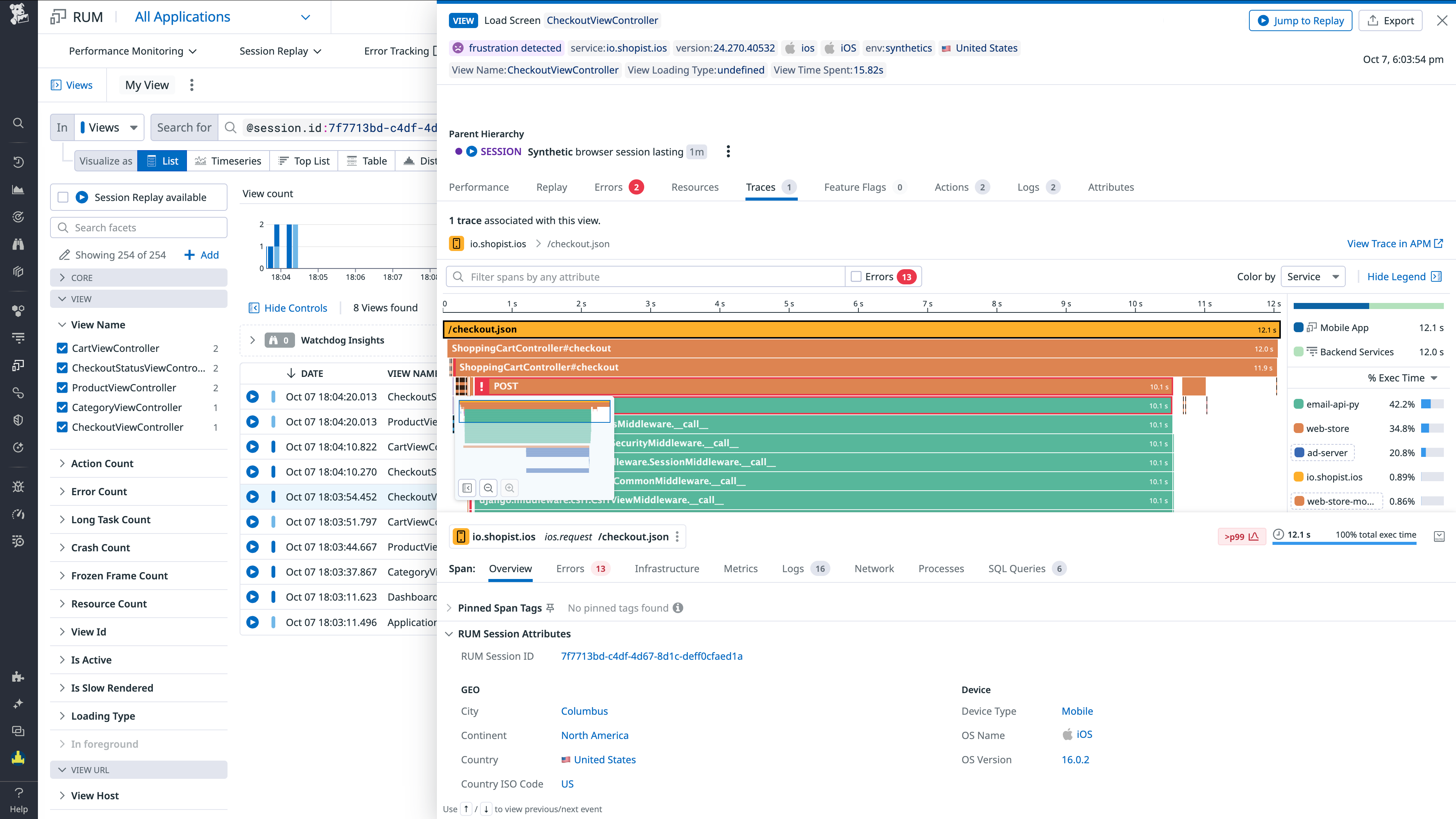 Flame graph showing spans mapped to RUM sessions.