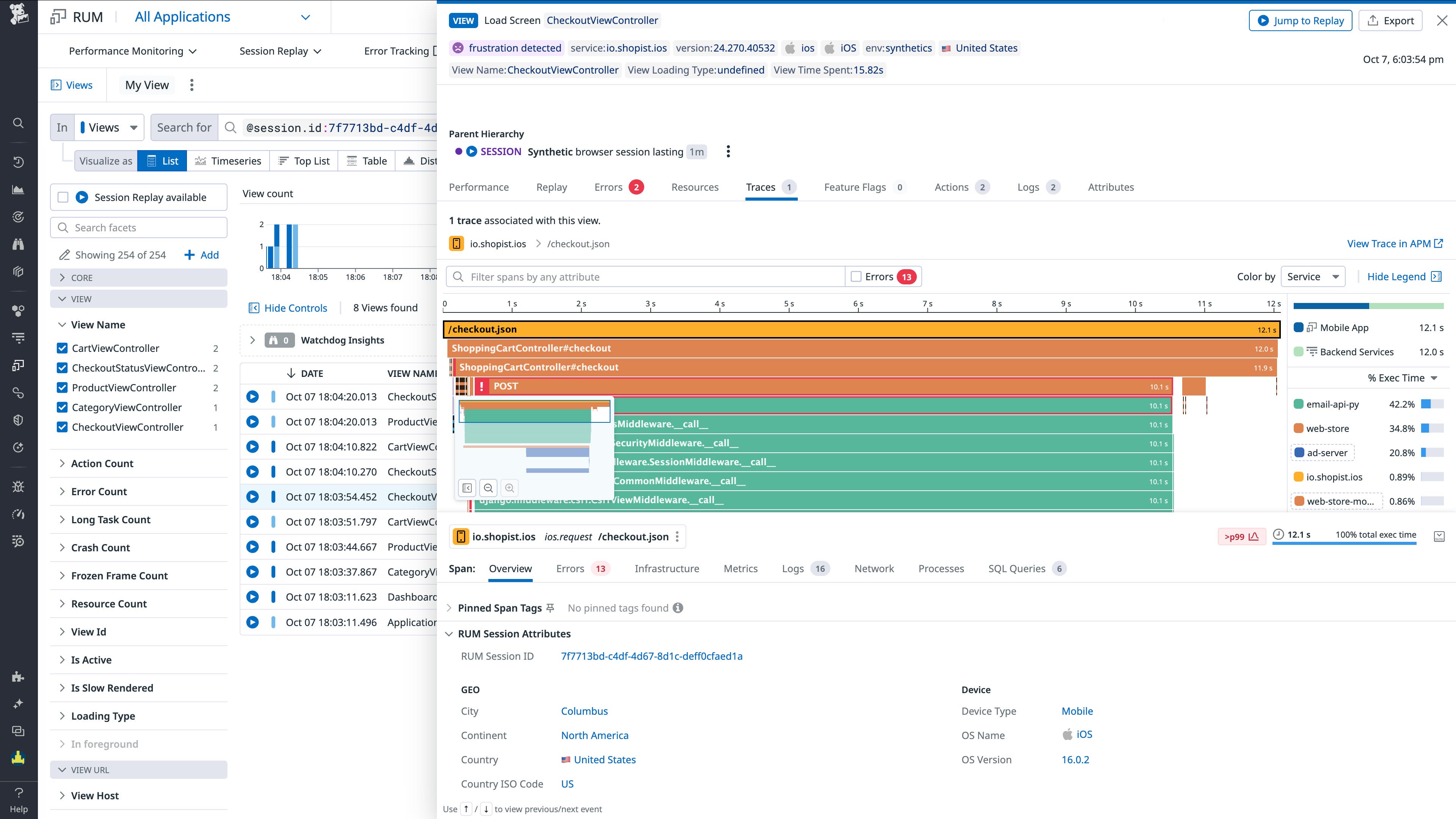 Flame graph showing spans mapped to RUM sessions. Flame graph showing spans mapped to RUM sessions.