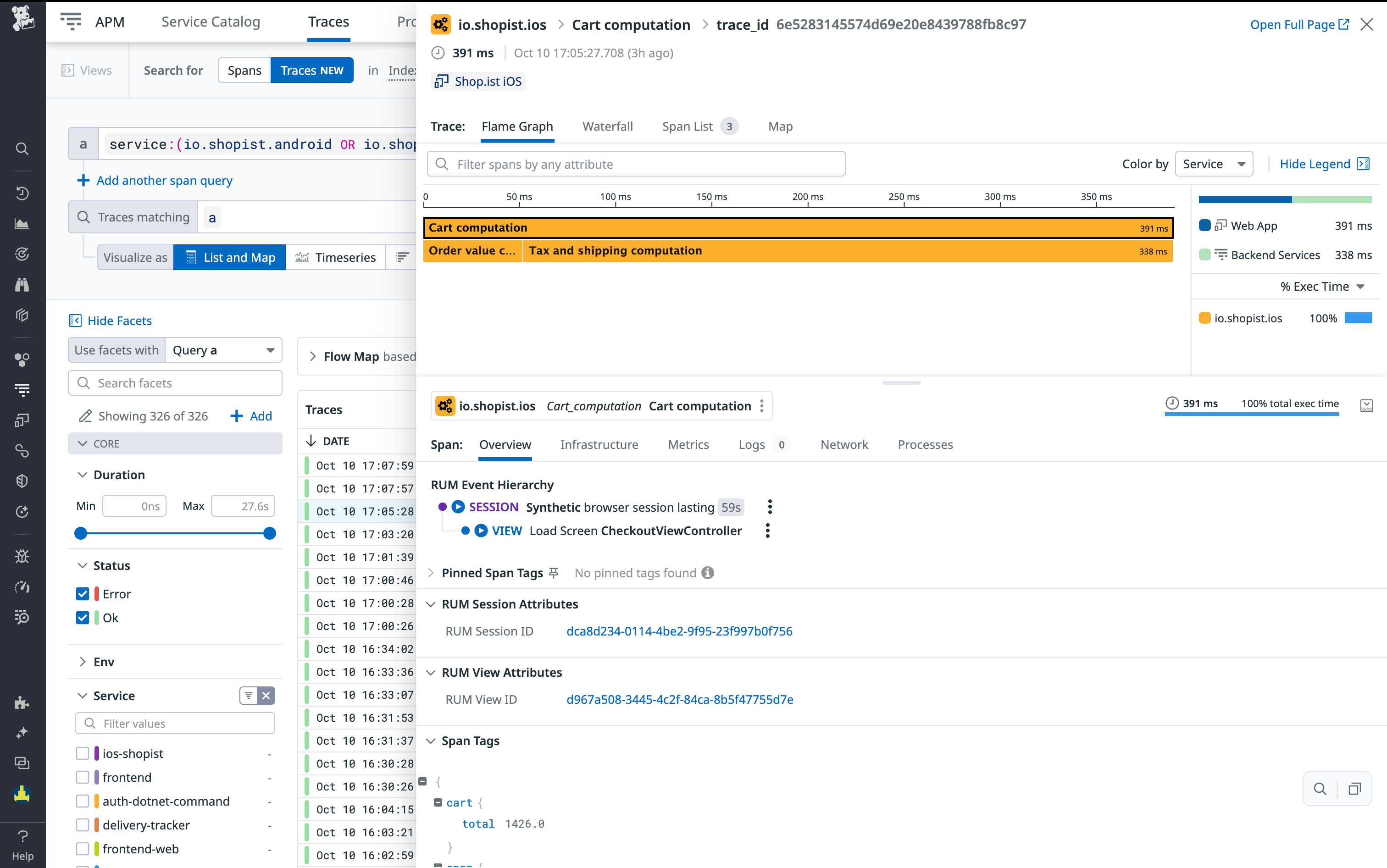 A flame graph with spans from frontend mobile activity