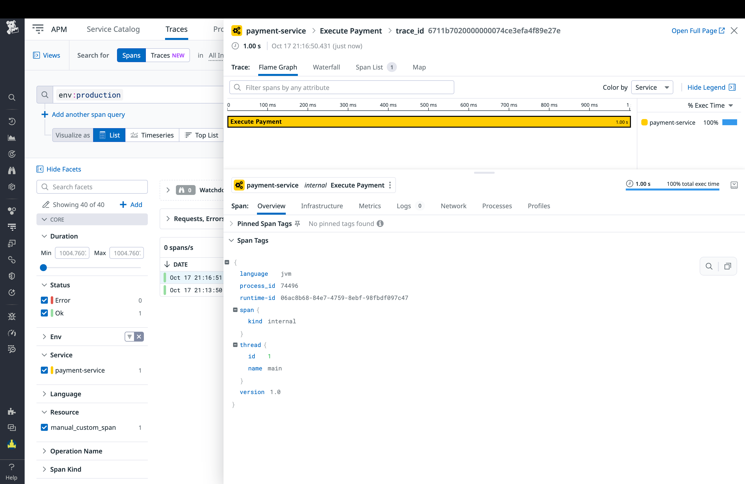 A trace in APM from an OTel-instrumented application