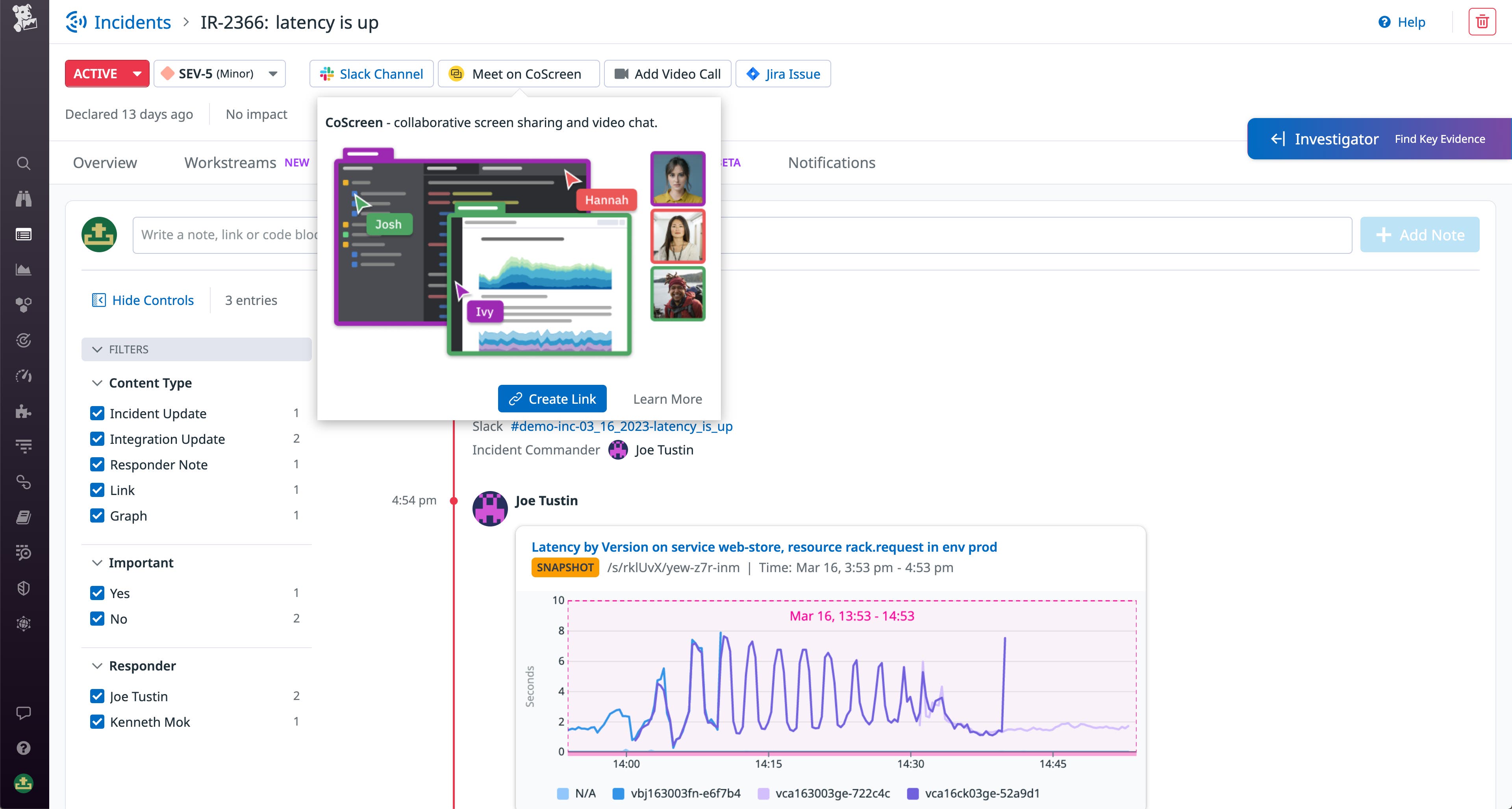Pivot directly from a Datadog incident to a new CoScreen meeting Pivot directly from a Datadog incident to a new CoScreen meeting