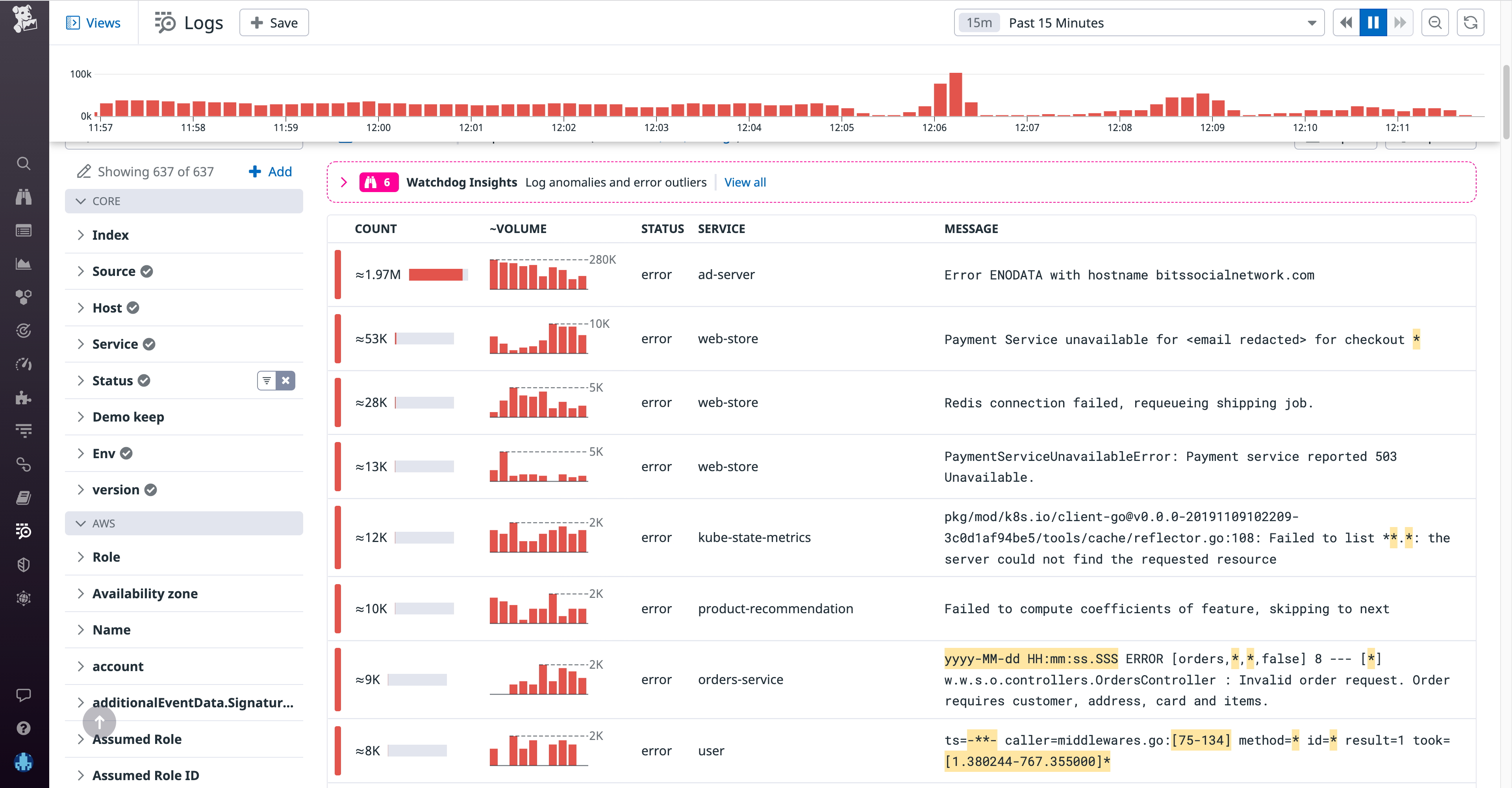 The log explorer is populated by a large number of error patterns