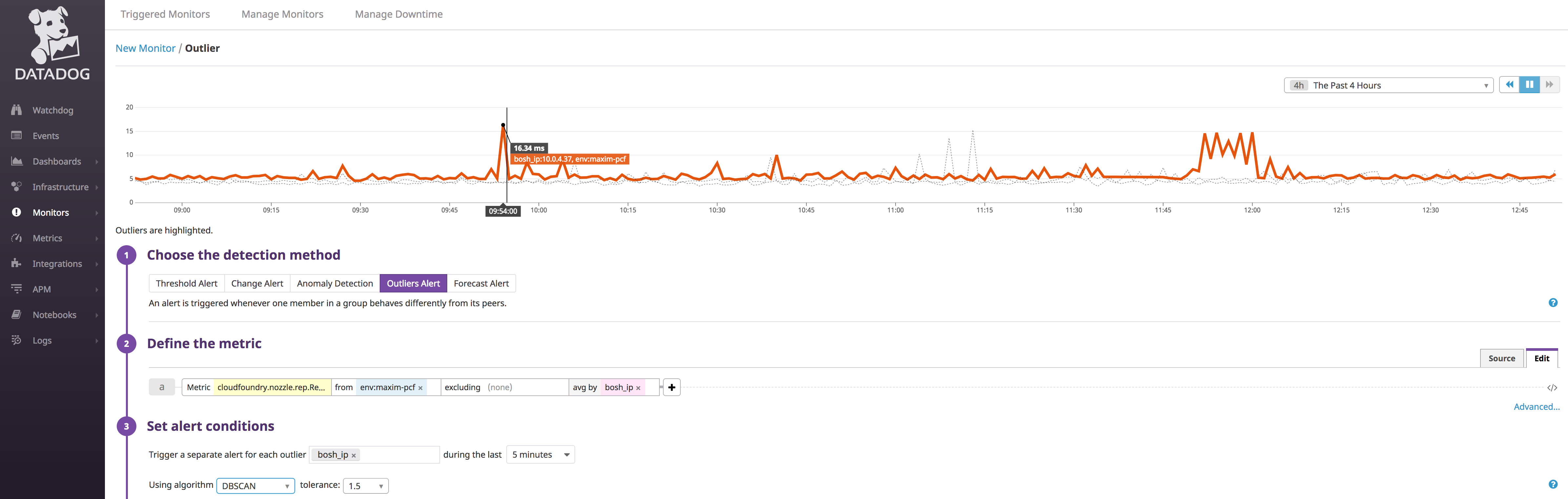 Outlier detection alert in Datadog