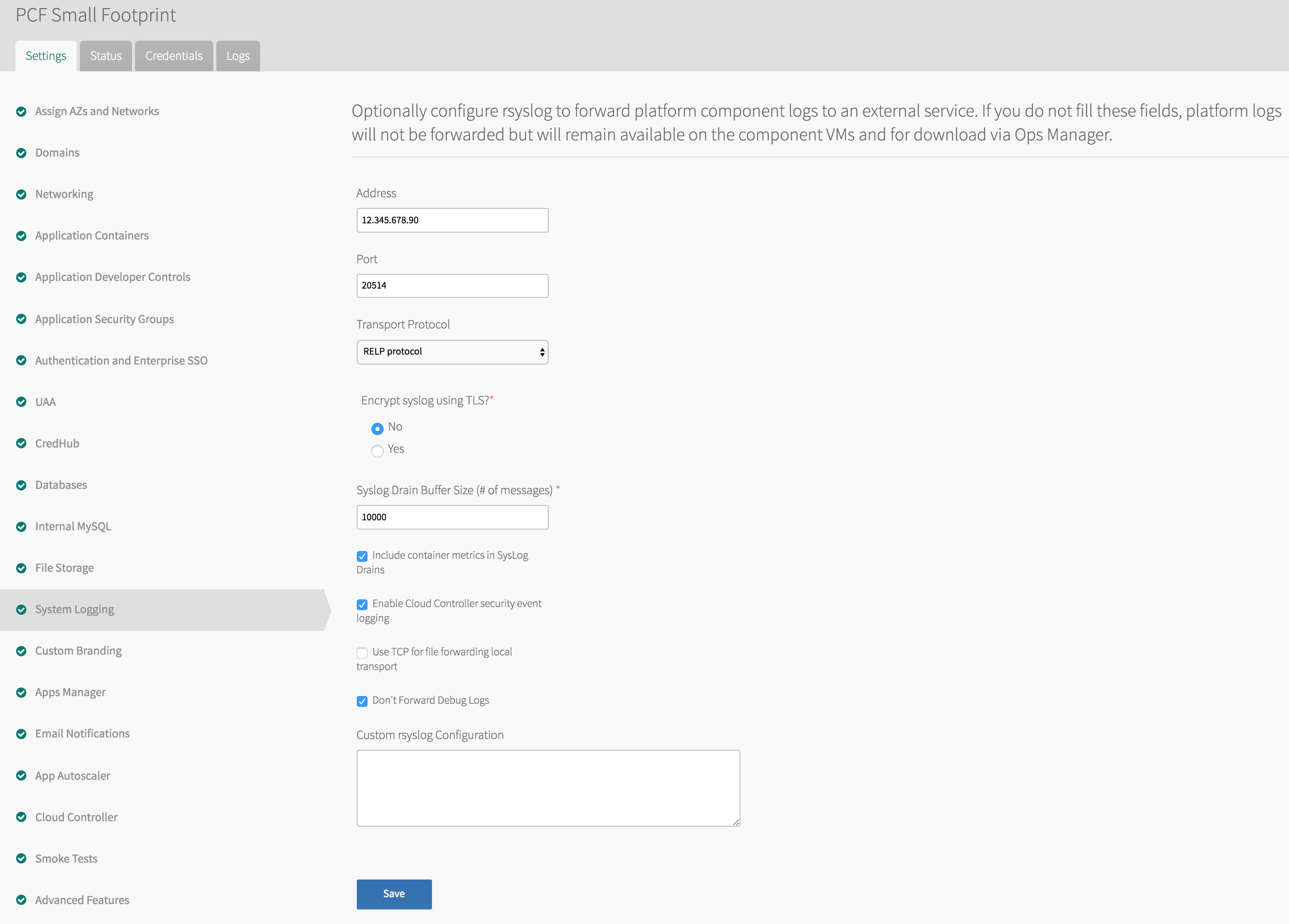 Pivotal Platform syslog forwarding config