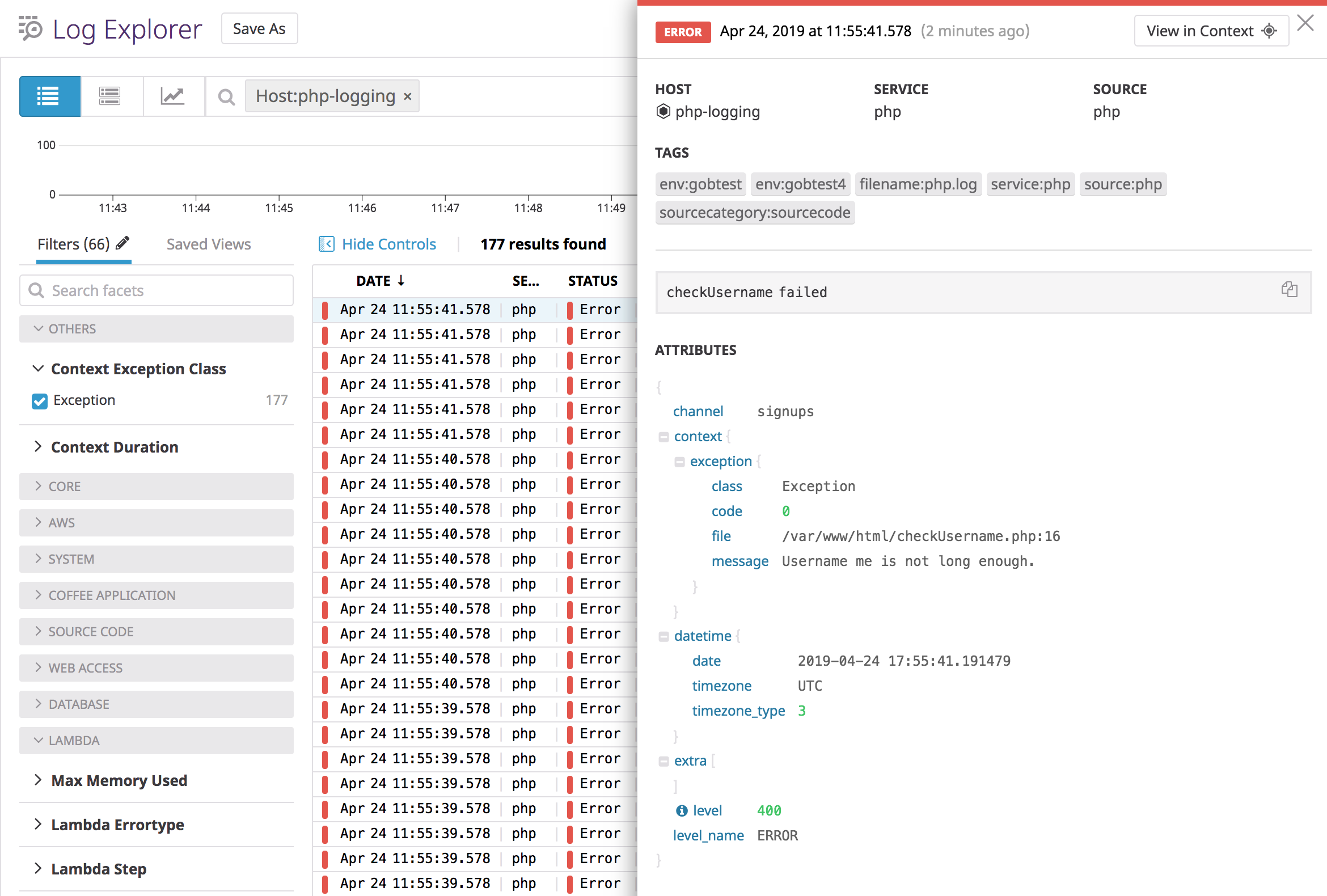 Datadog's Log Explorer shows a parsed PHP exception.