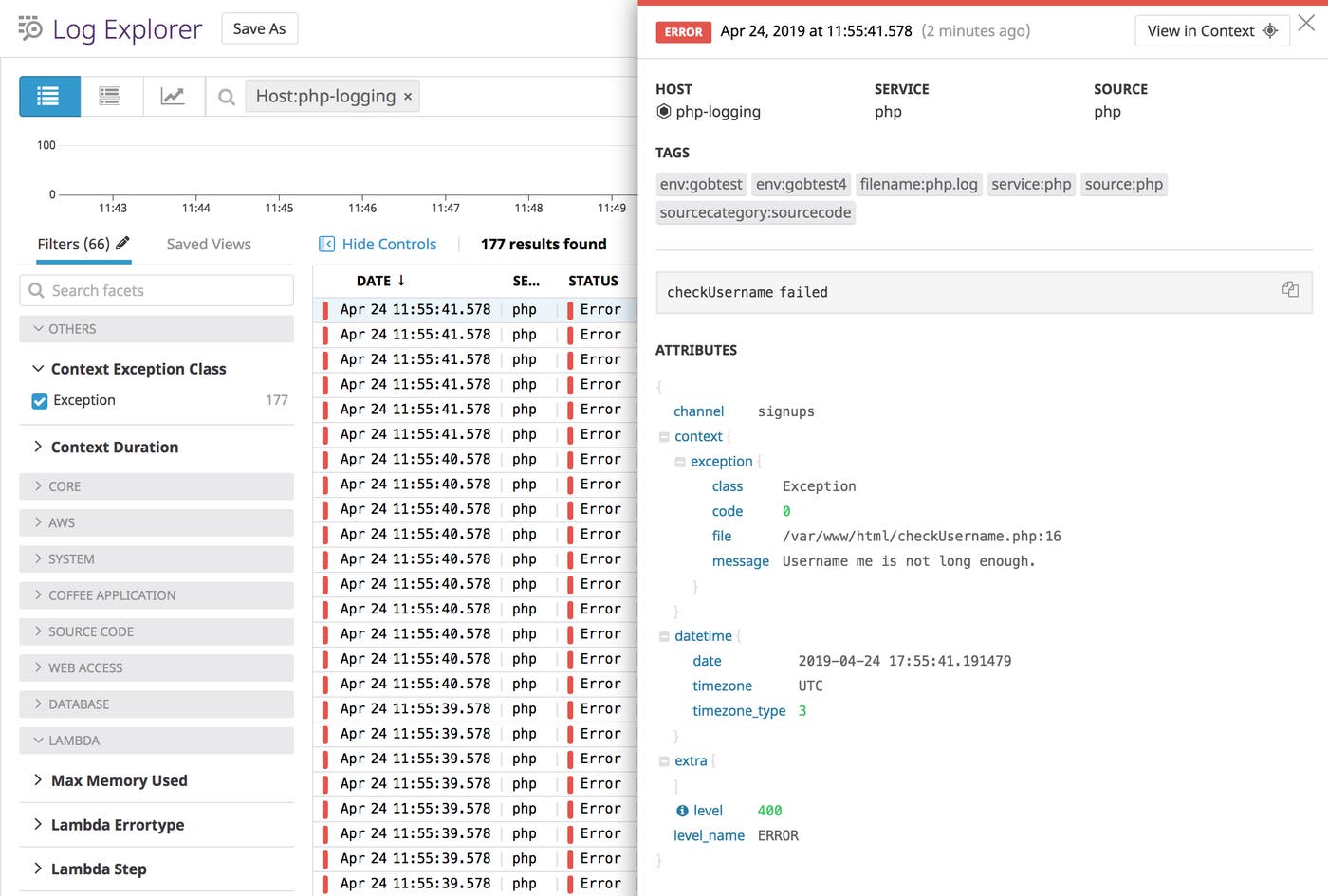 Datadog's Log Explorer shows a parsed PHP exception. Datadog's Log Explorer shows a parsed PHP exception.