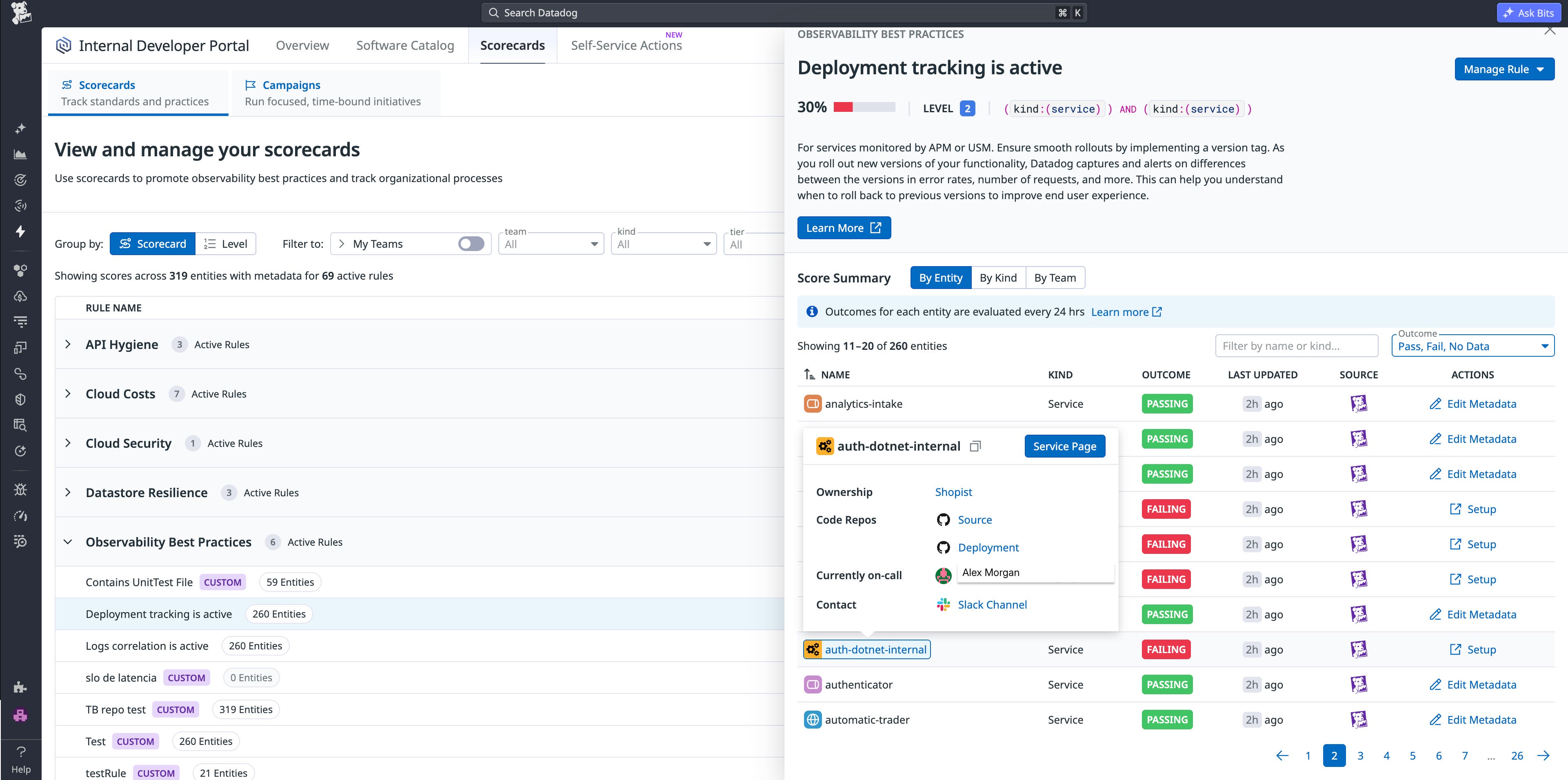 Datadog Internal Developer Portal Scorecards evaluating observability best practices across more than 300 entities, with pass and fail outcomes by service. Datadog Internal Developer Portal Scorecards evaluating observability best practices across more than 300 entities, with pass and fail outcomes by service.