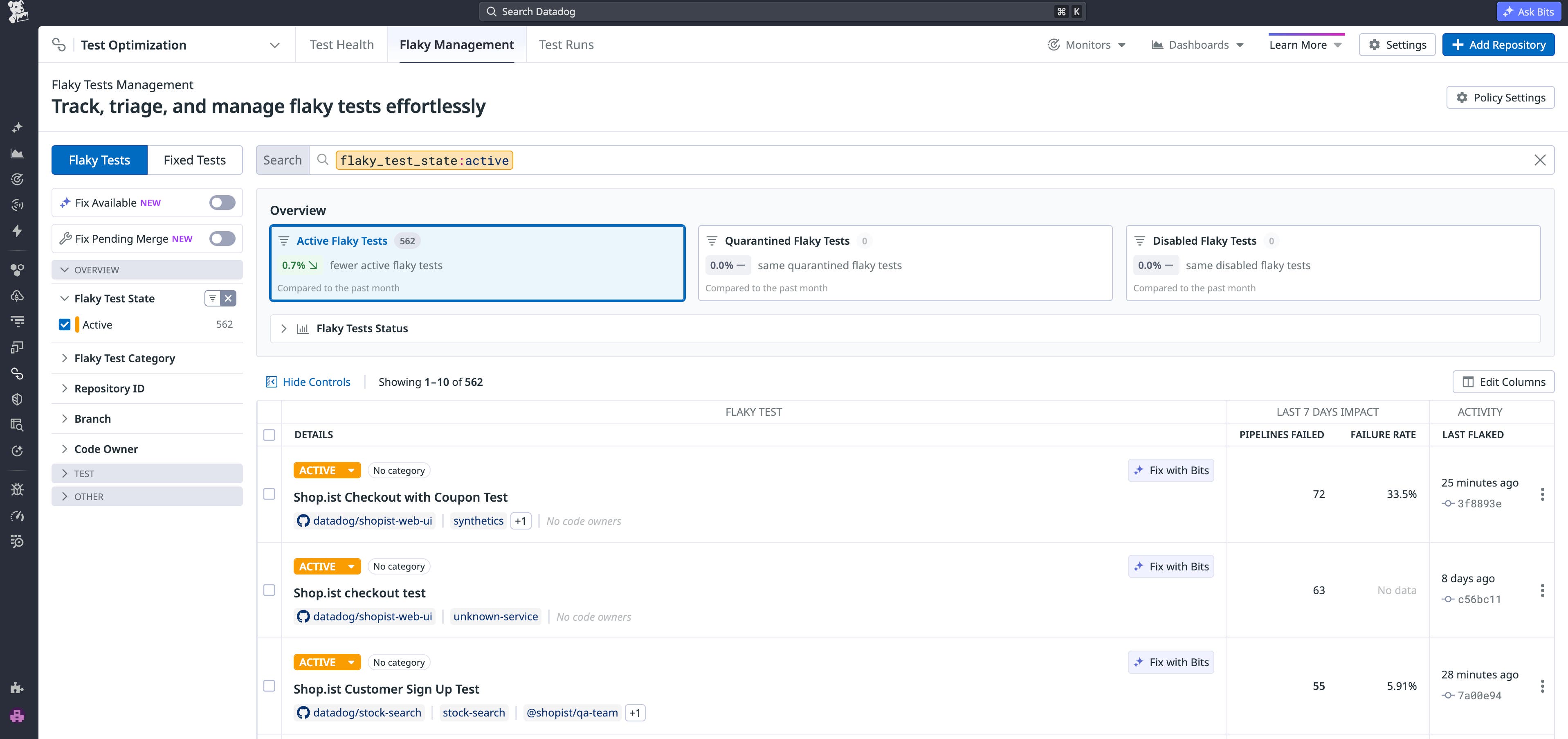 Datadog Test Optimization identifies over 550 active flaky tests. It includes each test’s pipeline failure count, failure percentage rate, and the time it last flaked. Datadog Test Optimization identifies over 550 active flaky tests. It includes each test’s pipeline failure count, failure percentage rate, and the time it last flaked.