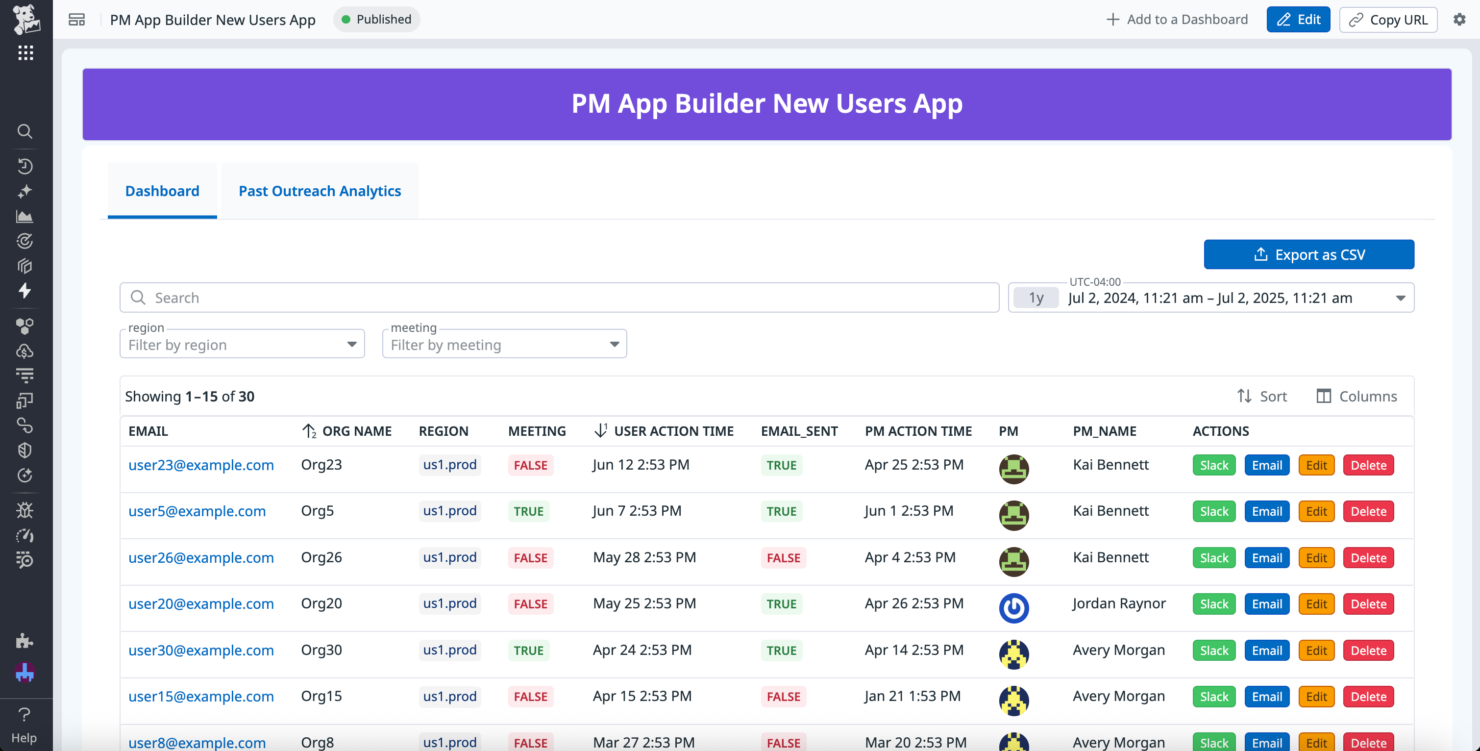 The finished user outreach app within Datadog App Builder.