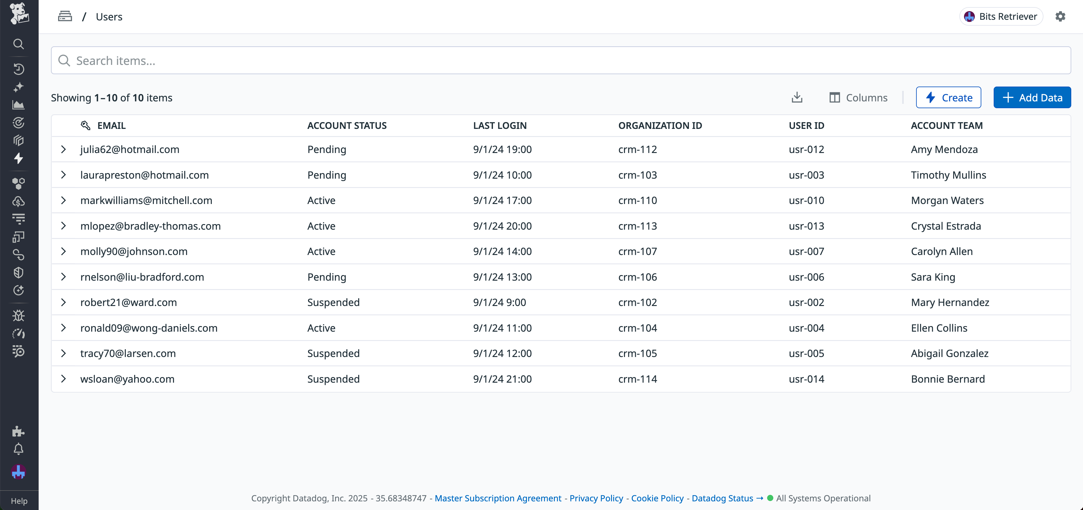 A datastore with information about the user's account, organization, and Datadog contact.