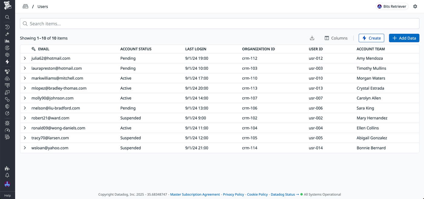 A datastore with information about the user's account, organization, and Datadog contact. A datastore with information about the user's account, organization, and Datadog contact.