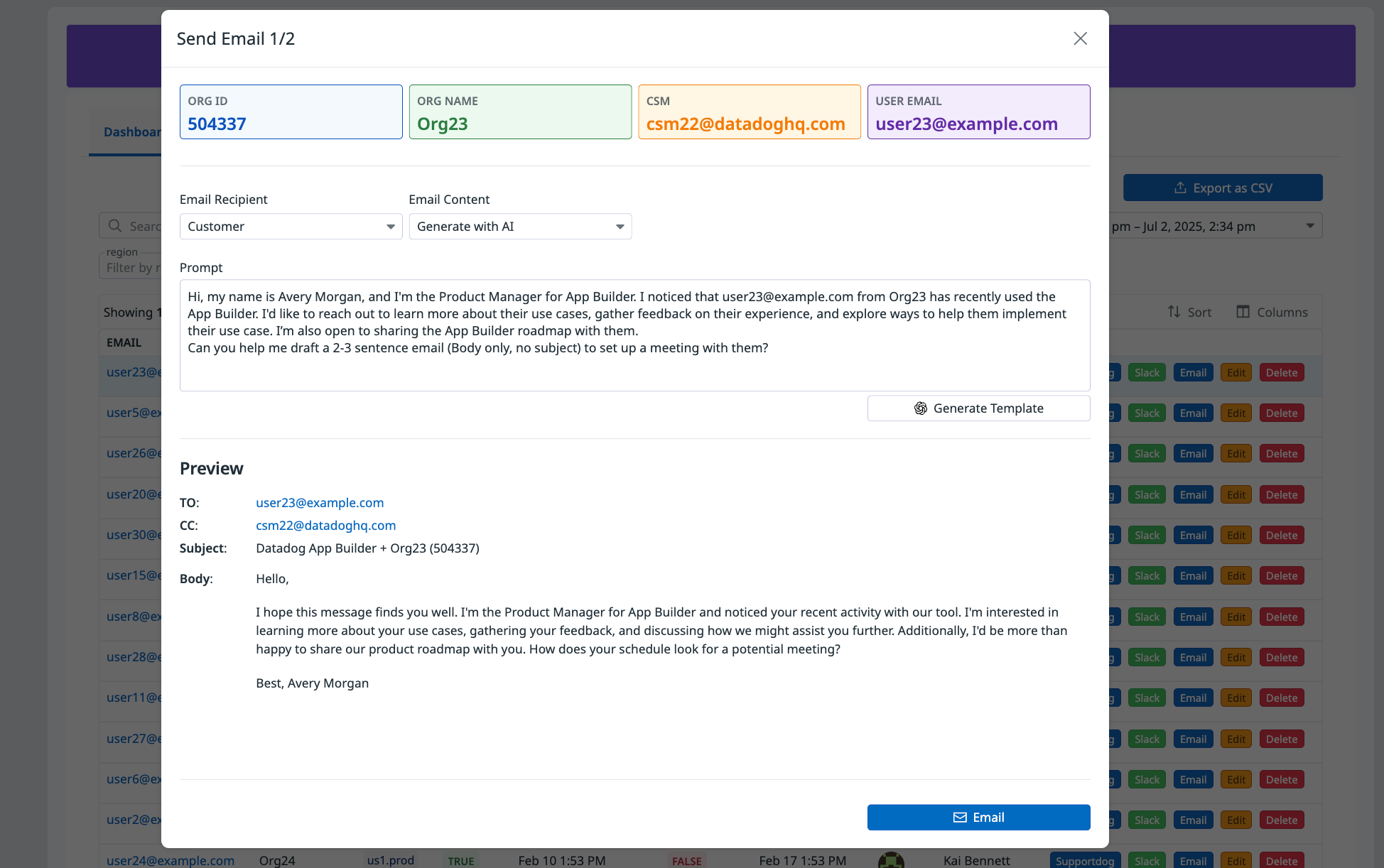 The app's contact feature, with a pre-filled prompt for an AI email generator displayed.
