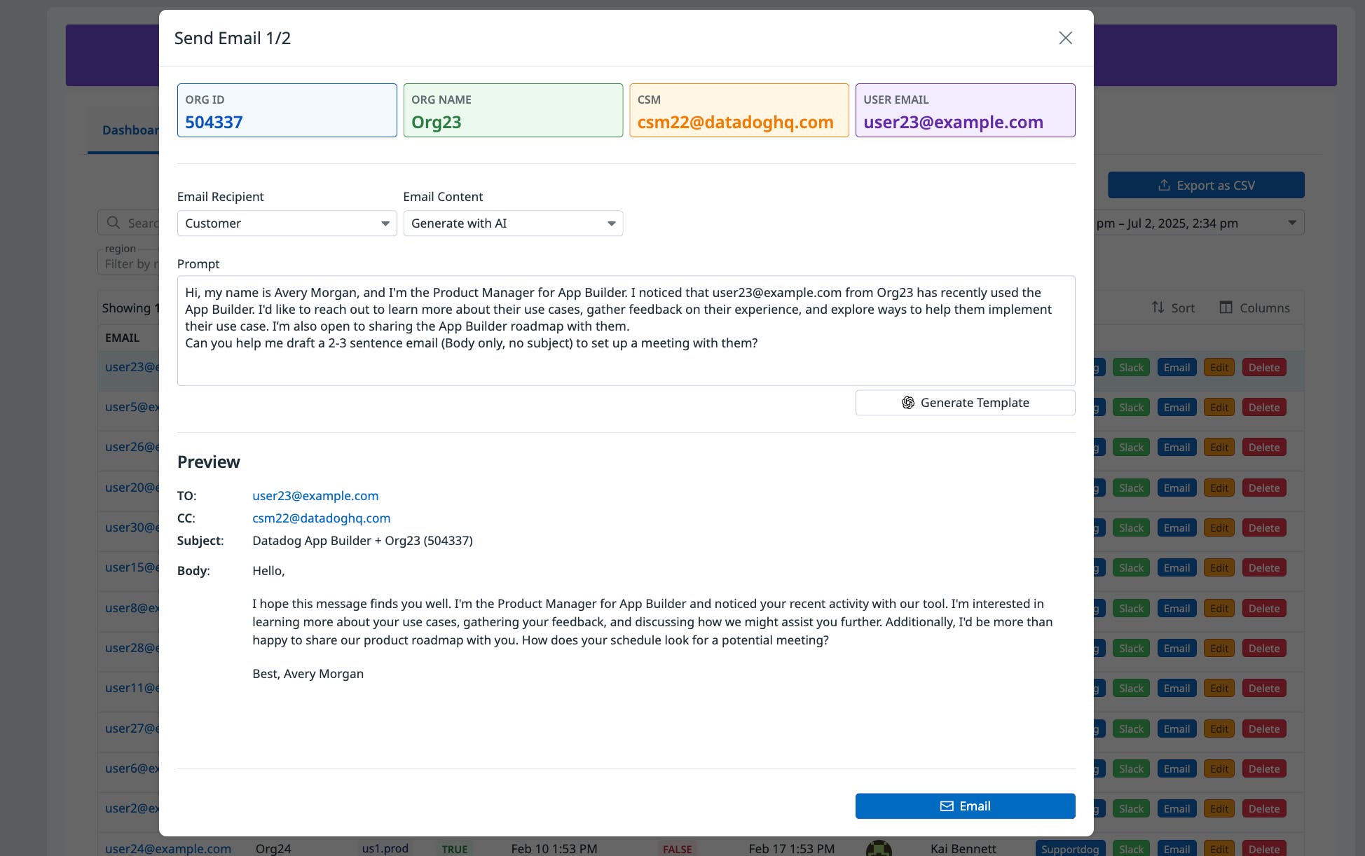 The app's contact feature, with a pre-filled prompt for an AI email generator displayed. The app's contact feature, with a pre-filled prompt for an AI email generator displayed.