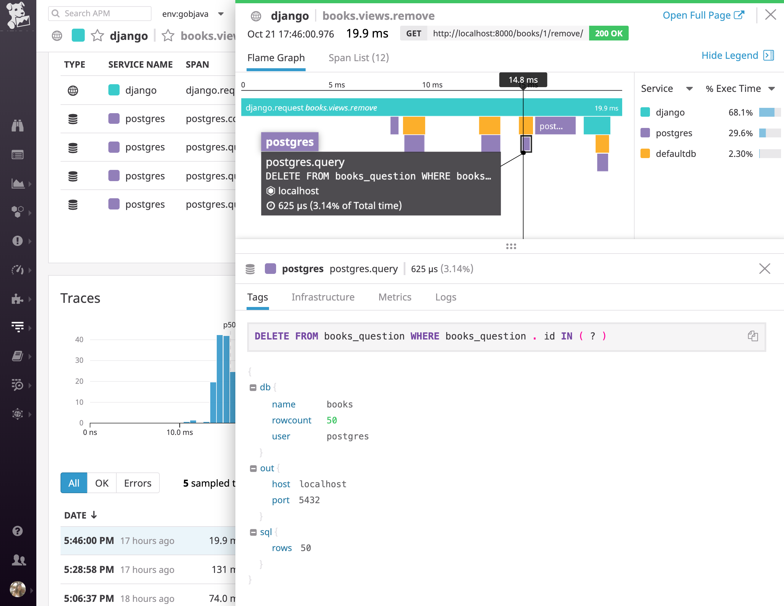 monitor PostgreSQL queries in full context with each request to your application with Datadog APM