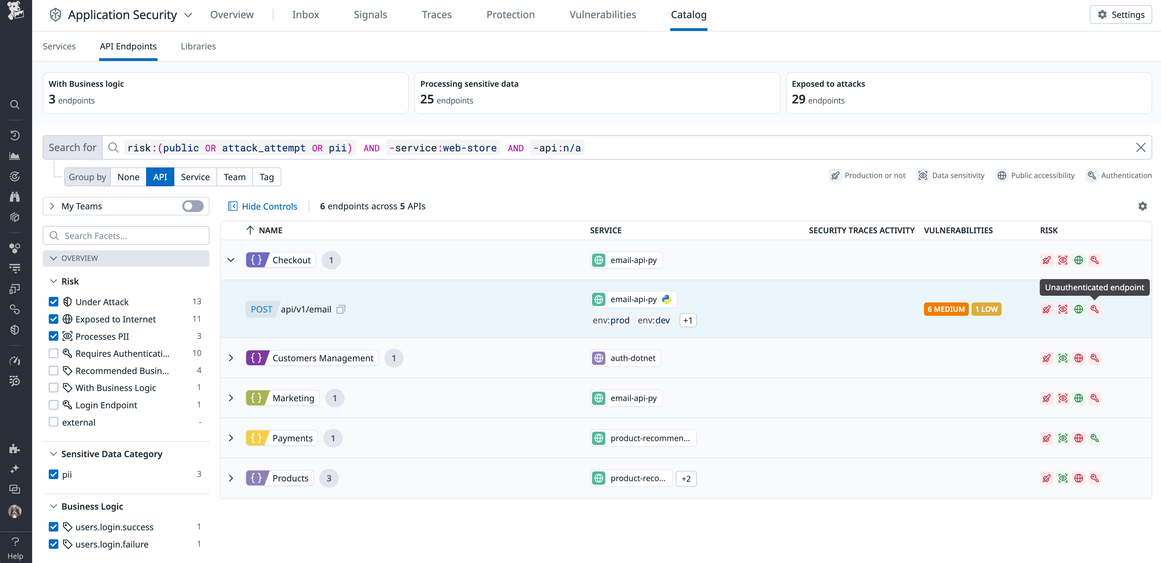Datadog Catalog for API security risks