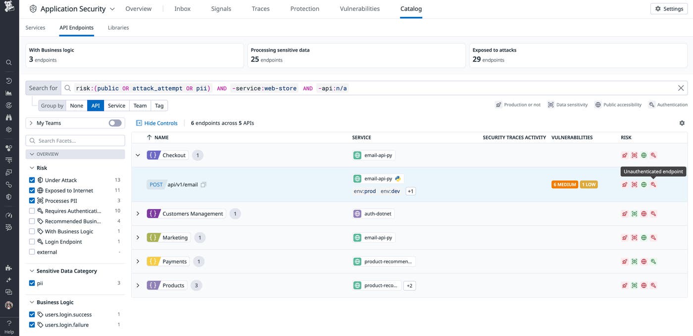Datadog Catalog for API security risks Datadog Catalog for API security risks