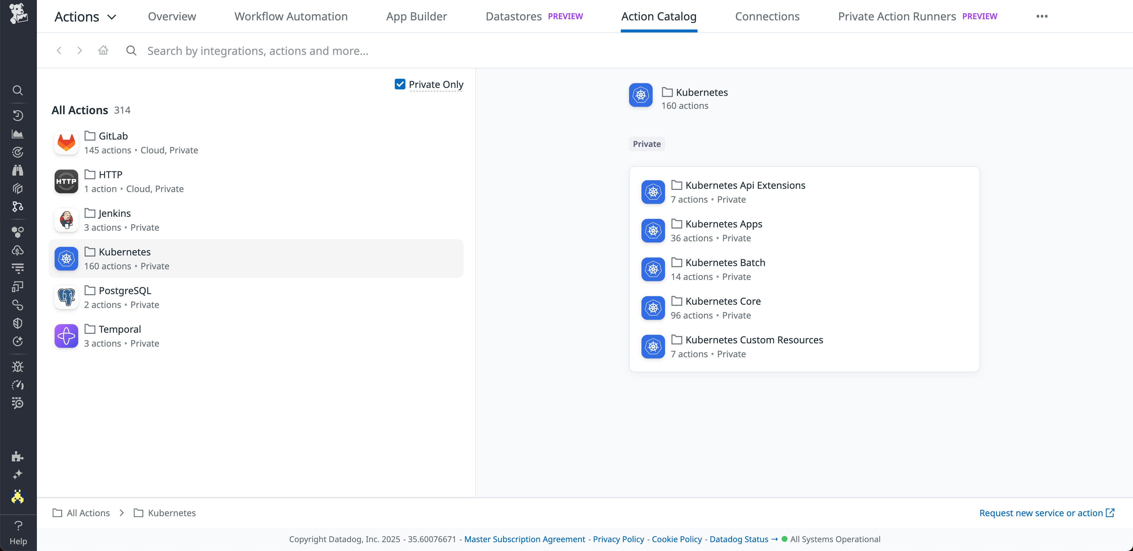 The Action Catalog showing the availability of 160 Kubernetes actions.