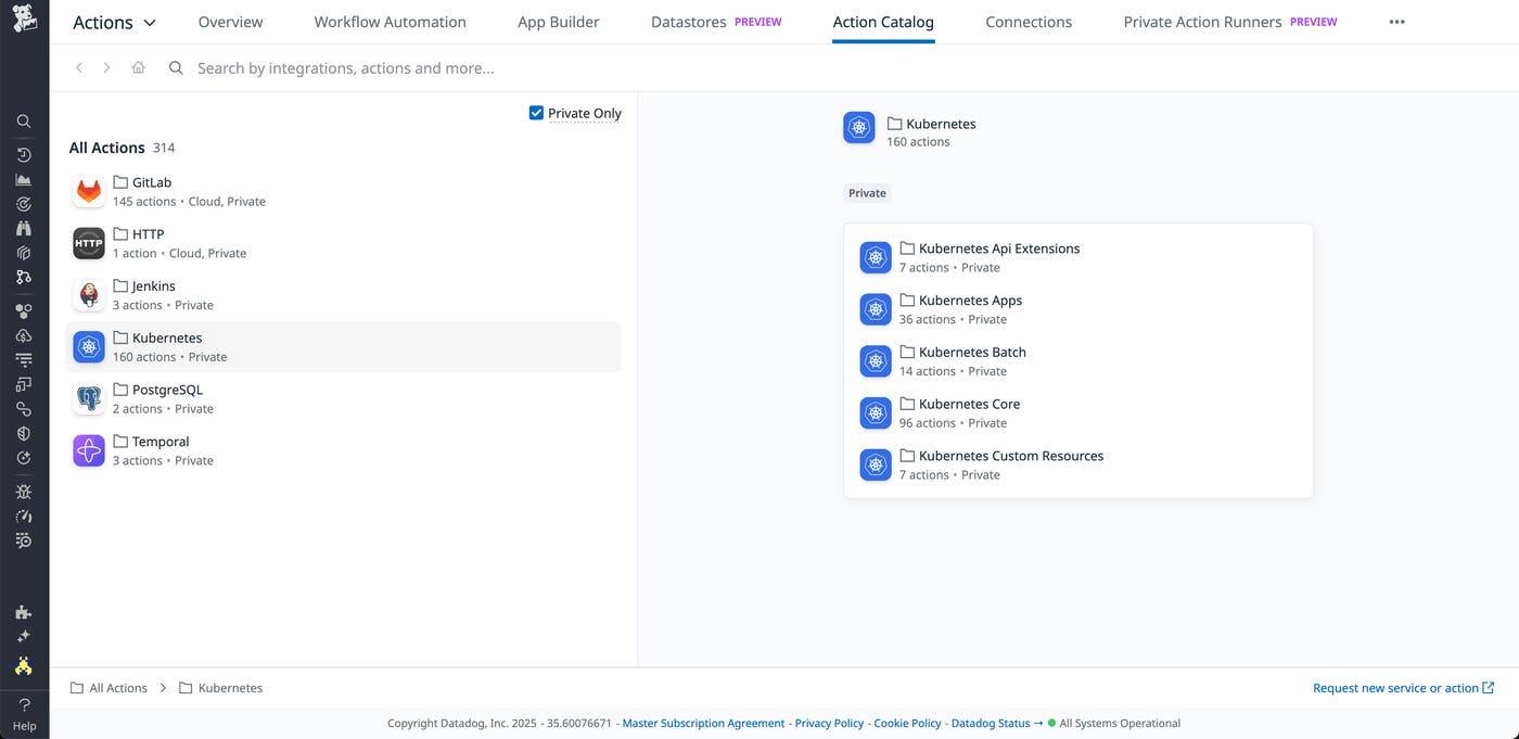 The Action Catalog showing the availability of 160 Kubernetes actions. The Action Catalog showing the availability of 160 Kubernetes actions.