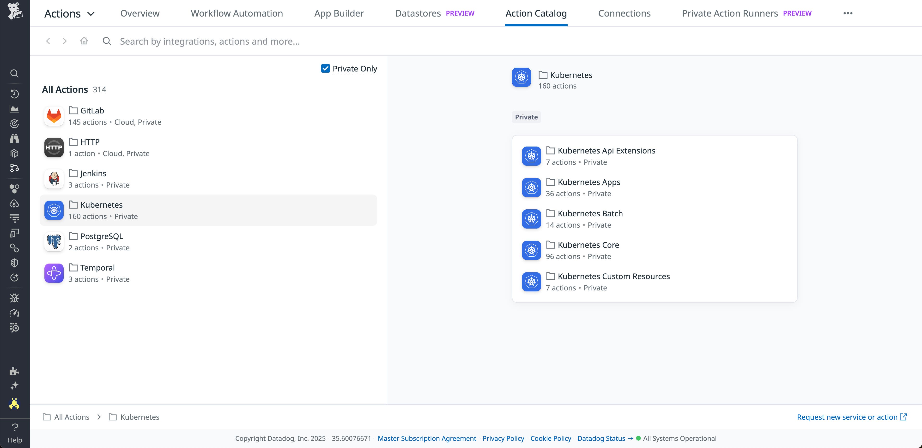 The Action Catalog showing the availability of 160 Kubernetes actions. The Action Catalog showing the availability of 160 Kubernetes actions.