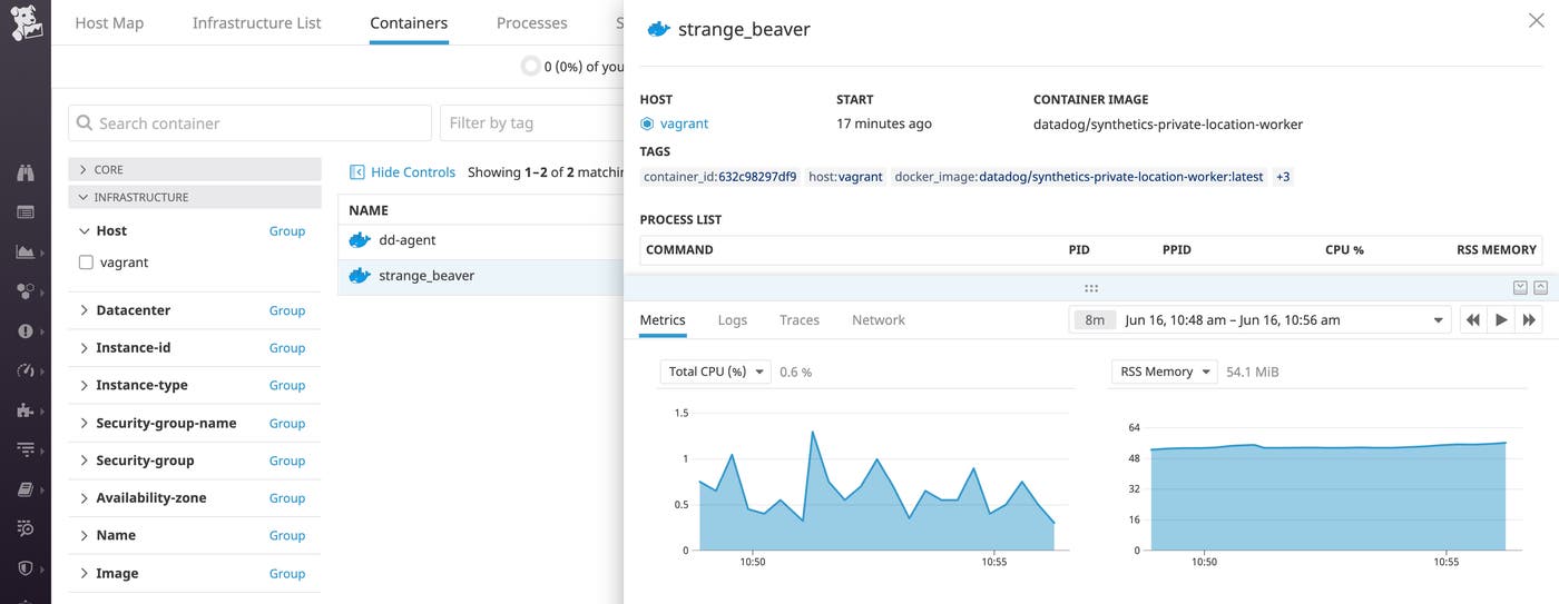 Once you set up private locations for private synthetic monitoring, you can also monitor your private location containers via our Docker integration. Once you set up private locations for private synthetic monitoring, you can also monitor your private location containers via our Docker integration.