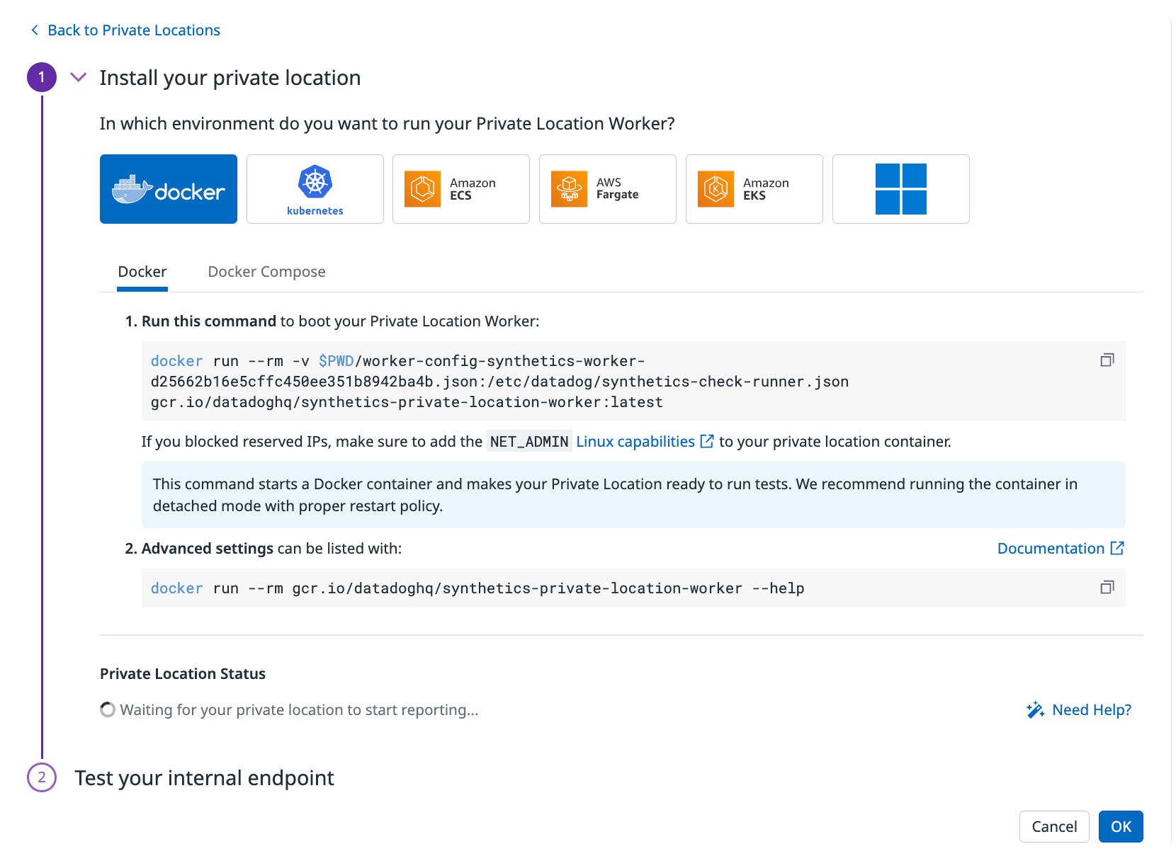 To install a private location for private synthetic monitoring, use Datadog's built-in integrations with Docker, ECS, Kubernetes, and other services. To install a private location for private synthetic monitoring, use Datadog's built-in integrations with Docker, ECS, Kubernetes, and other services.