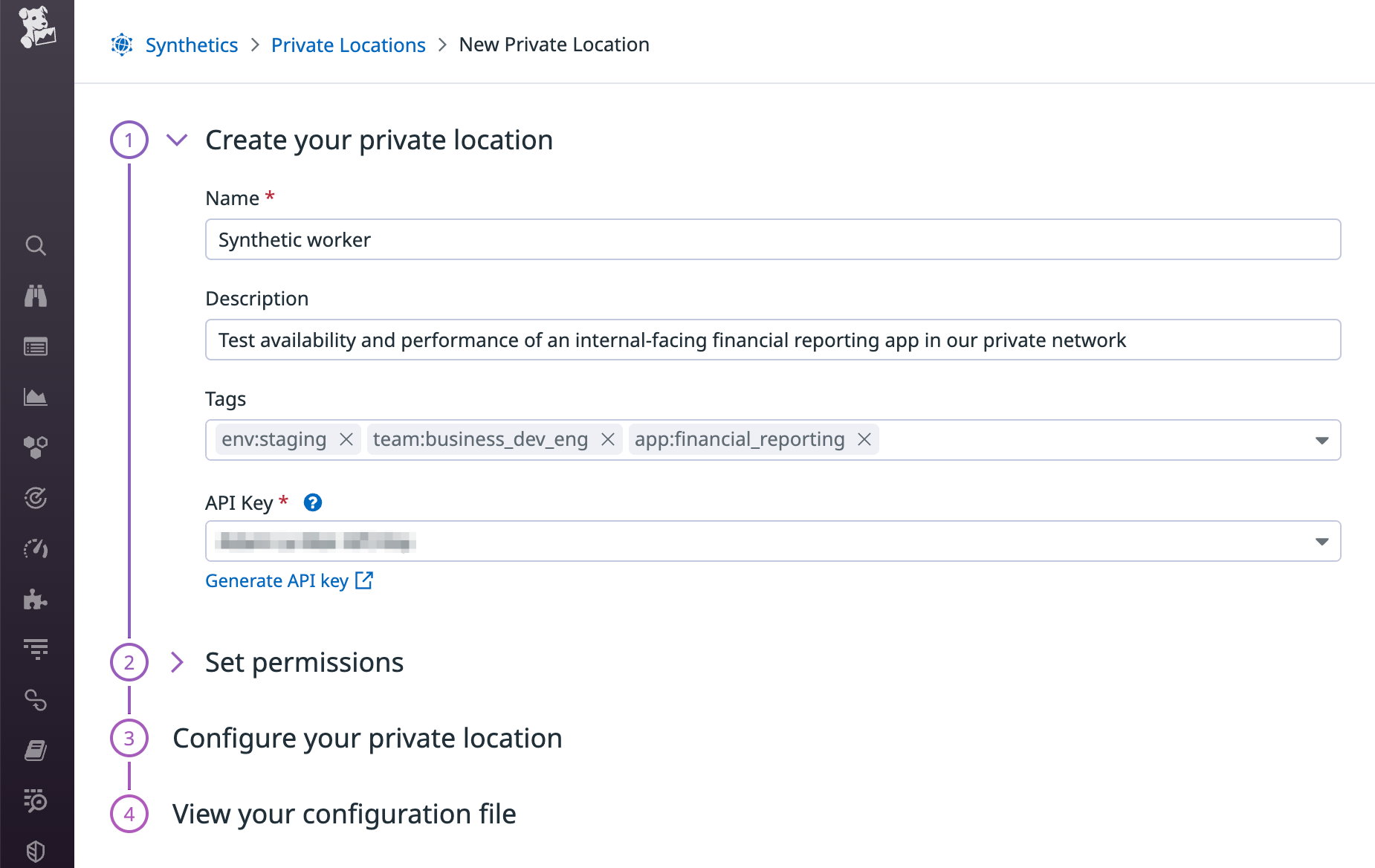 It only takes a few minutes to set up private synthetic monitoring in Datadog.