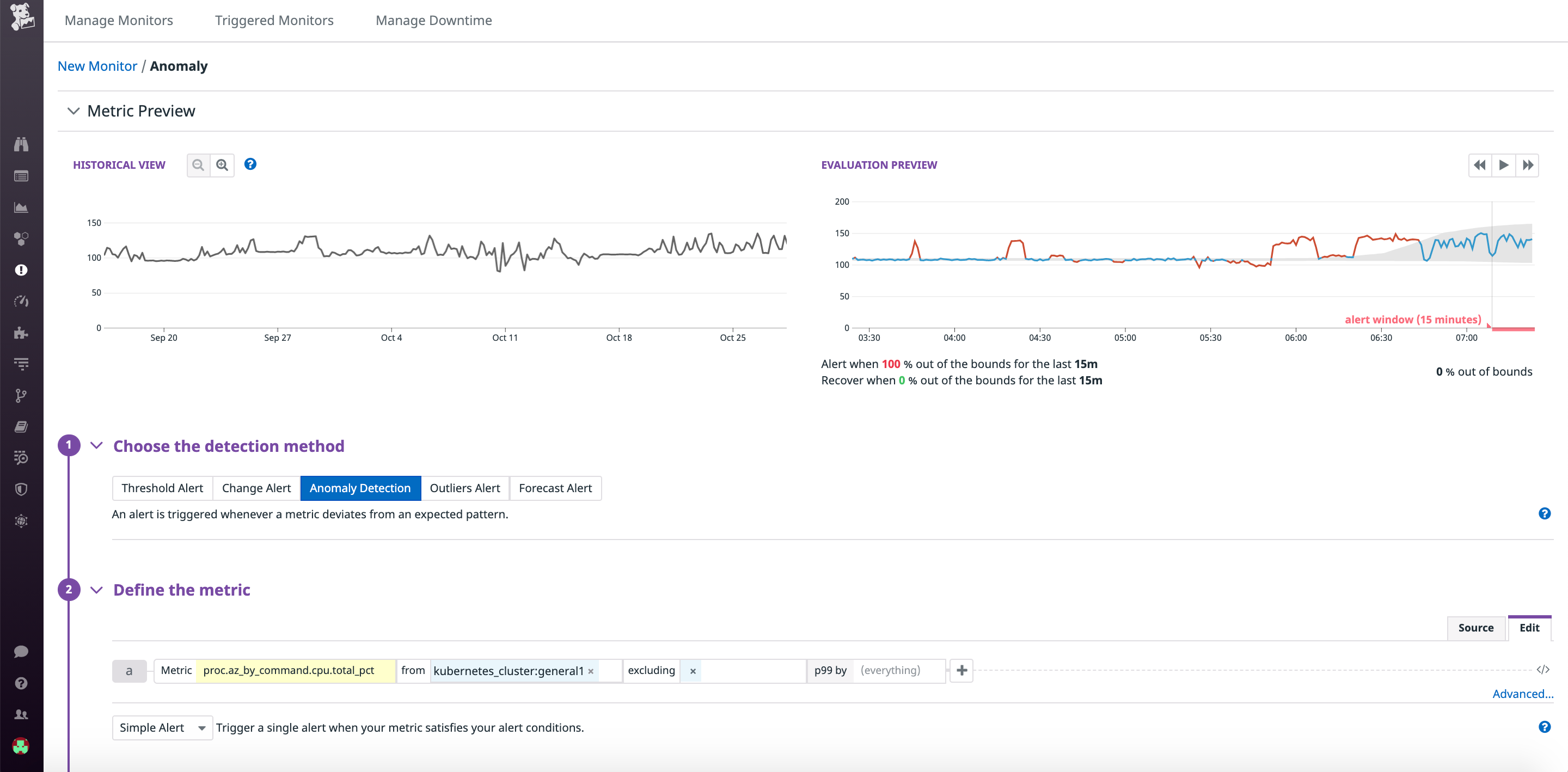 Create an alert to be automatically notified when CPU utilization deviates from normal levels