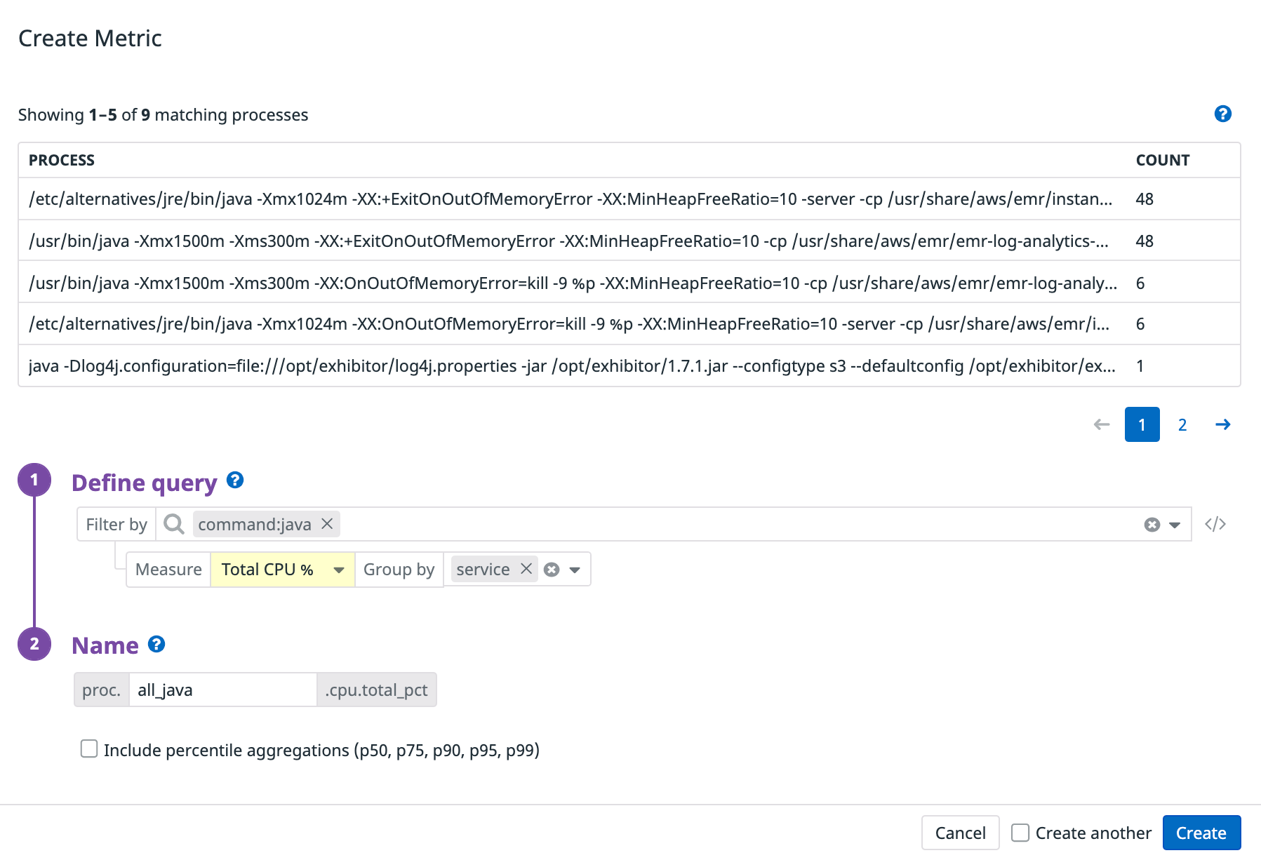 Creating a metric to track the CPU utilization of Java processes, grouped by service