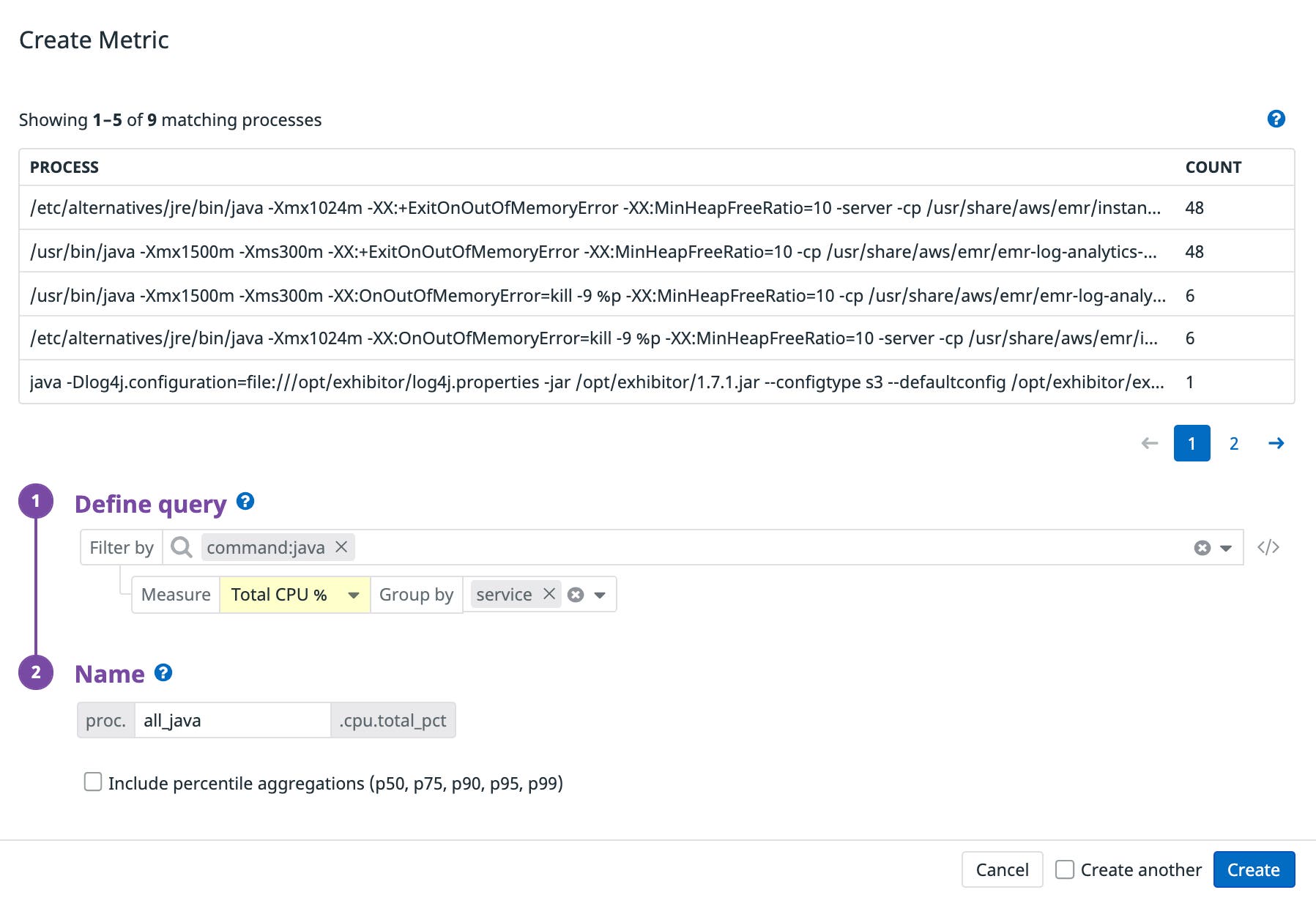 Creating a metric to track the CPU utilization of Java processes, grouped by service Creating a metric to track the CPU utilization of Java processes, grouped by service