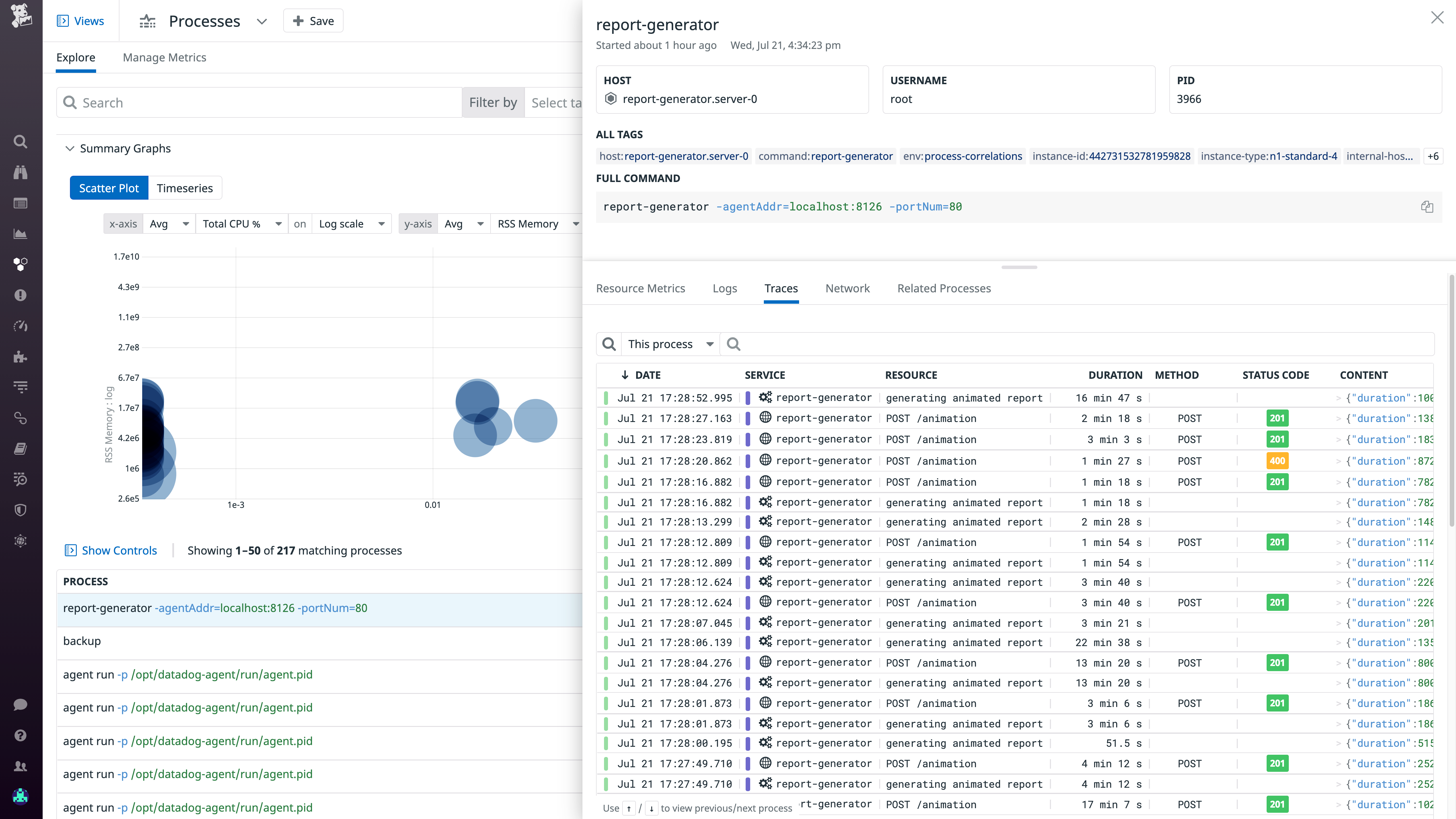 The Traces tab in the Live Processes view.