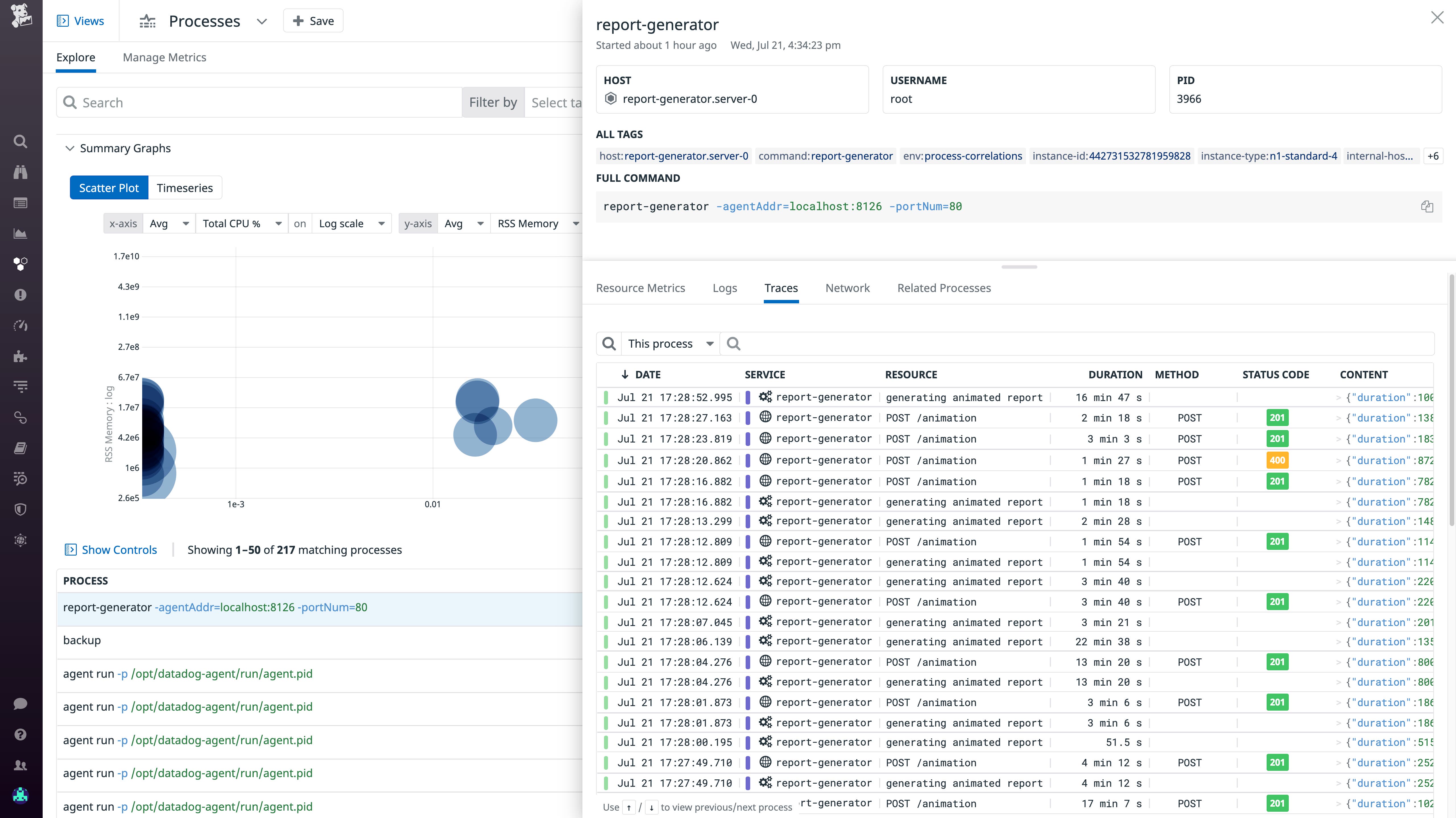 The Traces tab in the Live Processes view. The Traces tab in the Live Processes view.