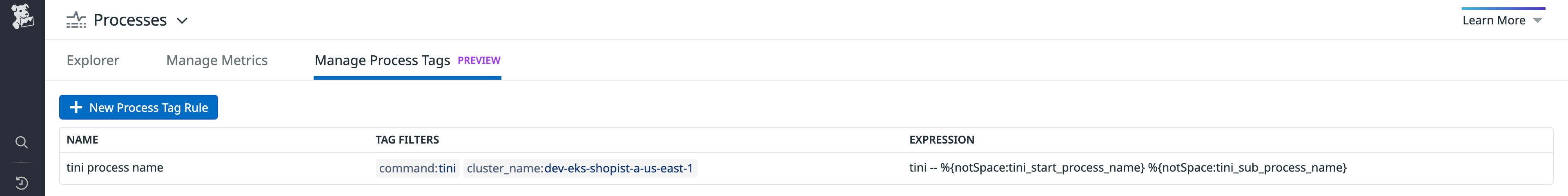 Manage Process Tags tab in Datadog Live Processes