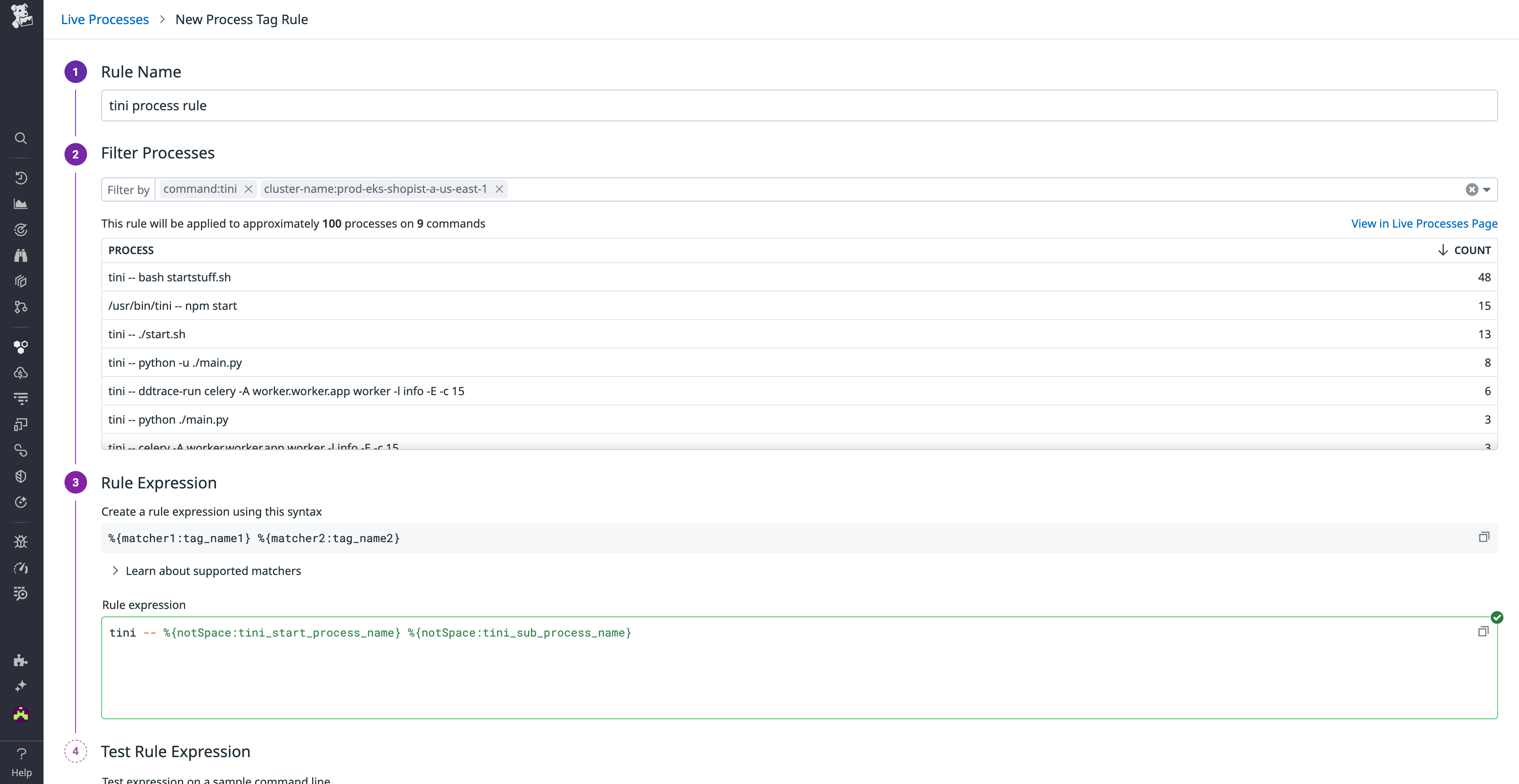 Example process tag rule in Datadog Live Processes
