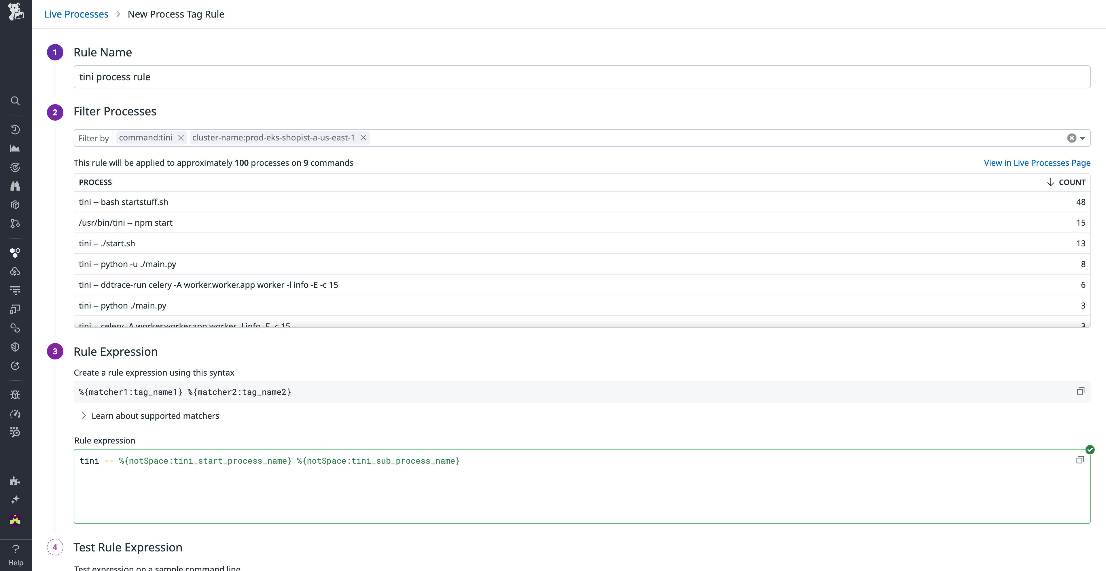 Example process tag rule in Datadog Live Processes Example process tag rule in Datadog Live Processes