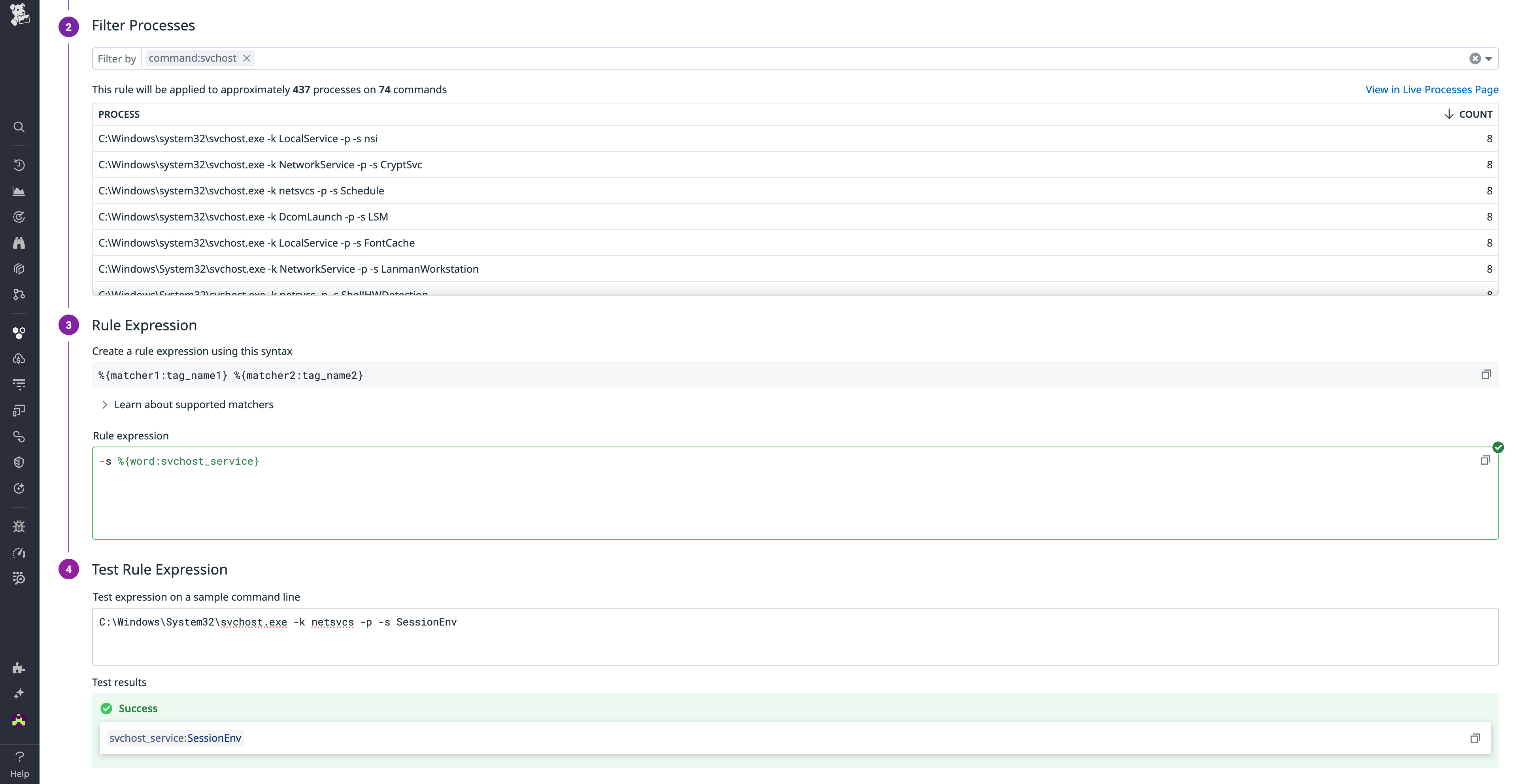 Monitor processes running on specific services with Process Tag Rules