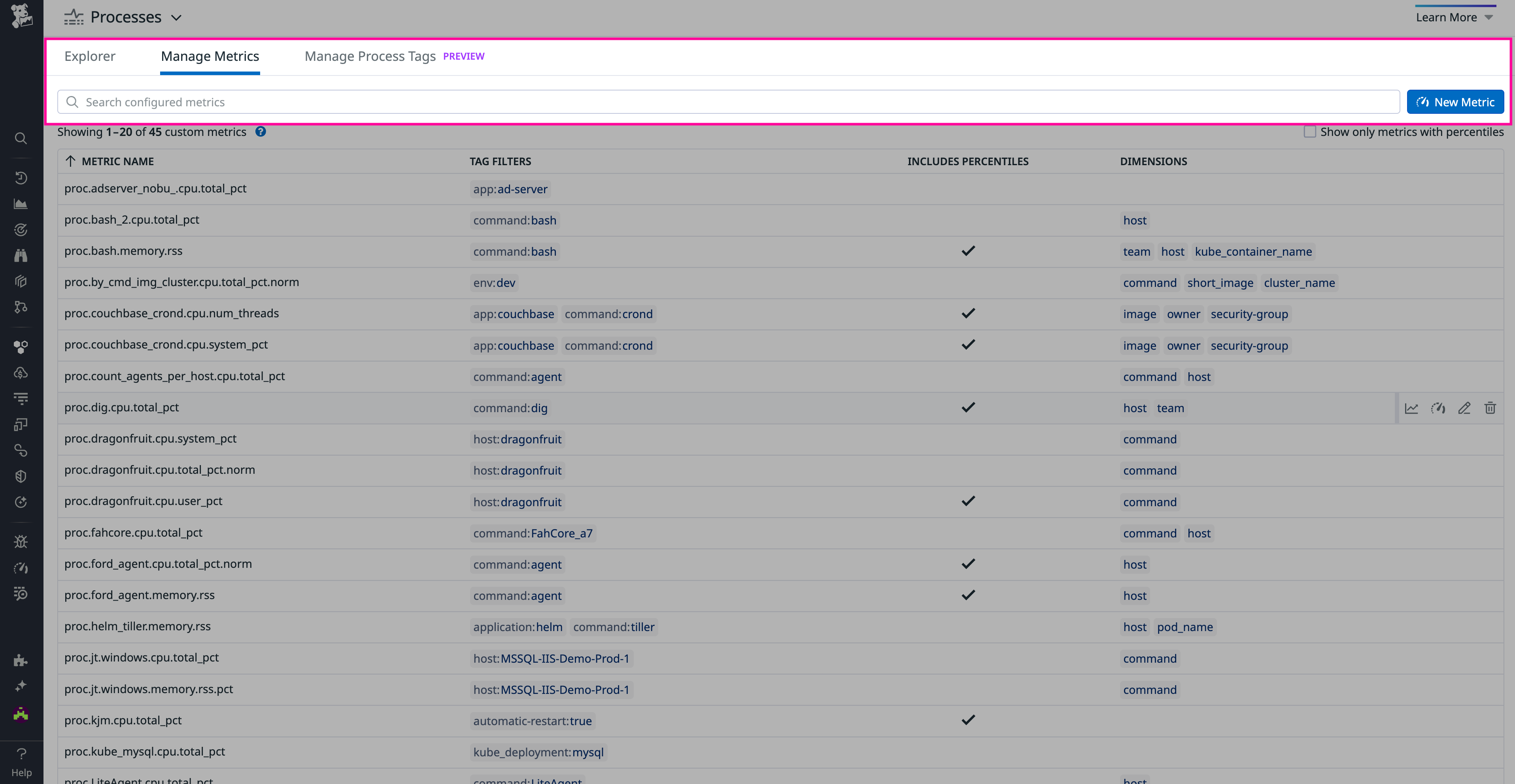 Create a new metric in Datadog Live Processes