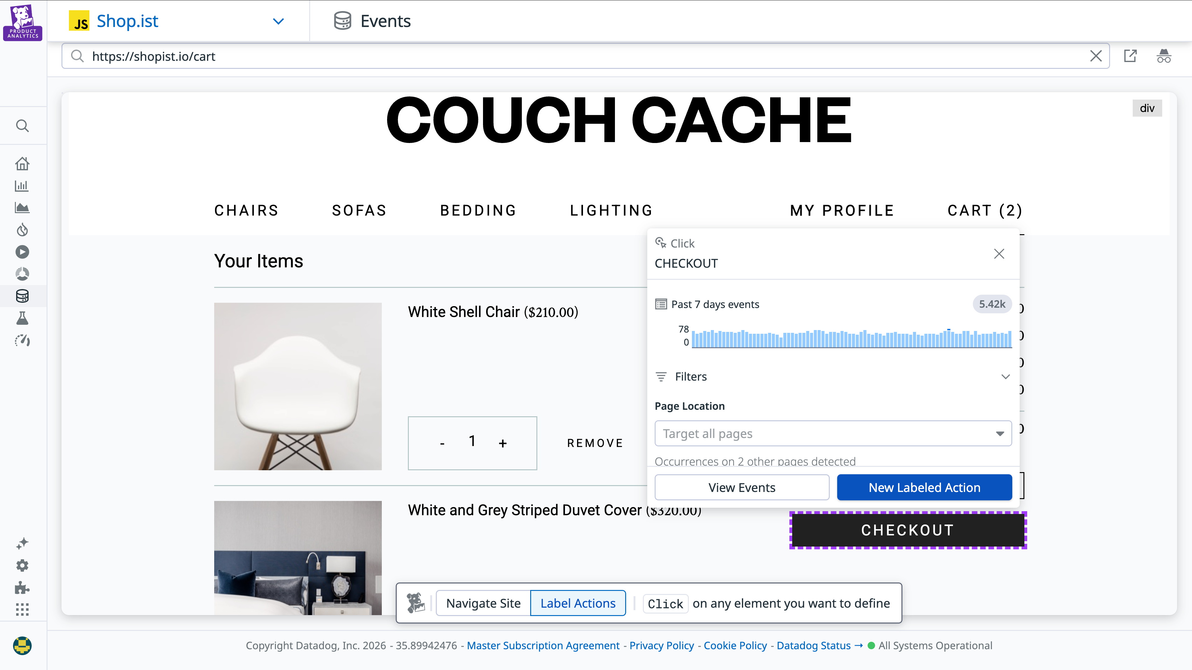 Label checkout click action on cart page in Datadog Product Analytics.