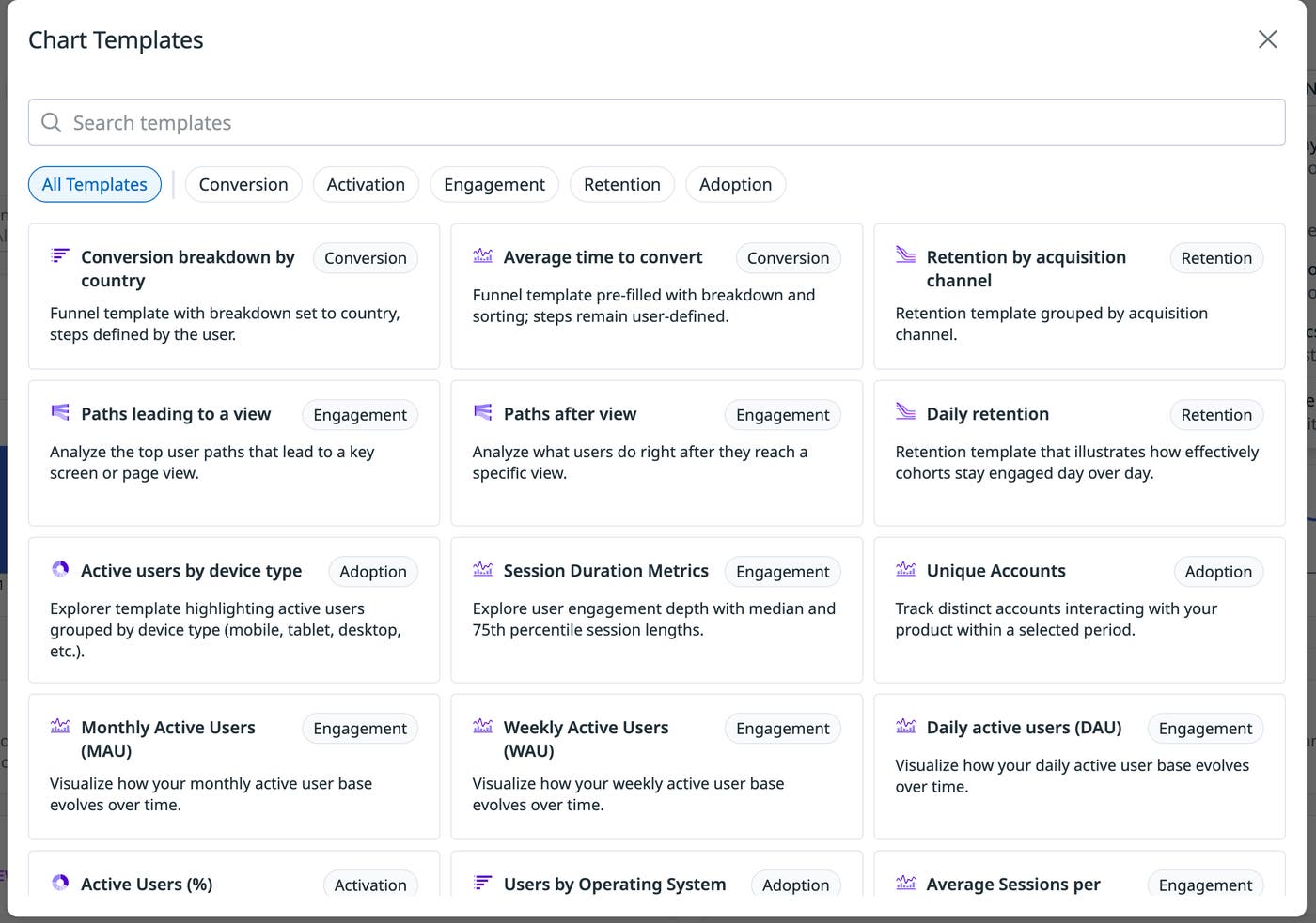 Chart Templates dialog with filter tabs and prebuilt templates for conversion, engagement, retention. Chart Templates dialog with filter tabs and prebuilt templates for conversion, engagement, retention.