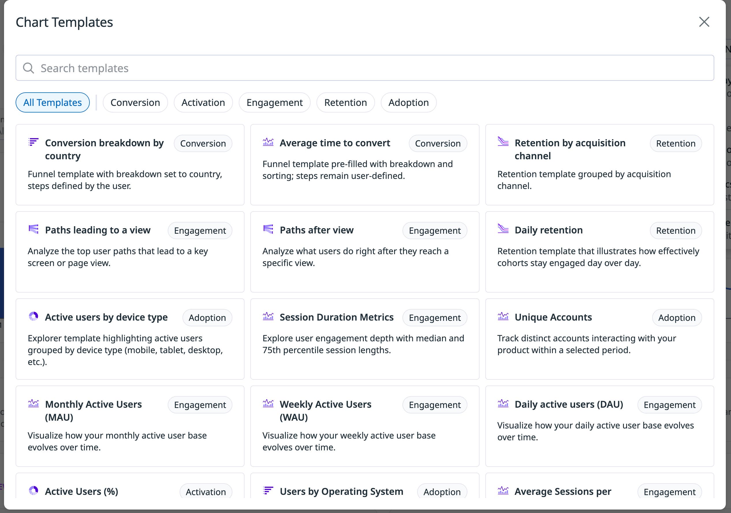 Chart Templates dialog with filter tabs and prebuilt templates for conversion, engagement, retention. Chart Templates dialog with filter tabs and prebuilt templates for conversion, engagement, retention.