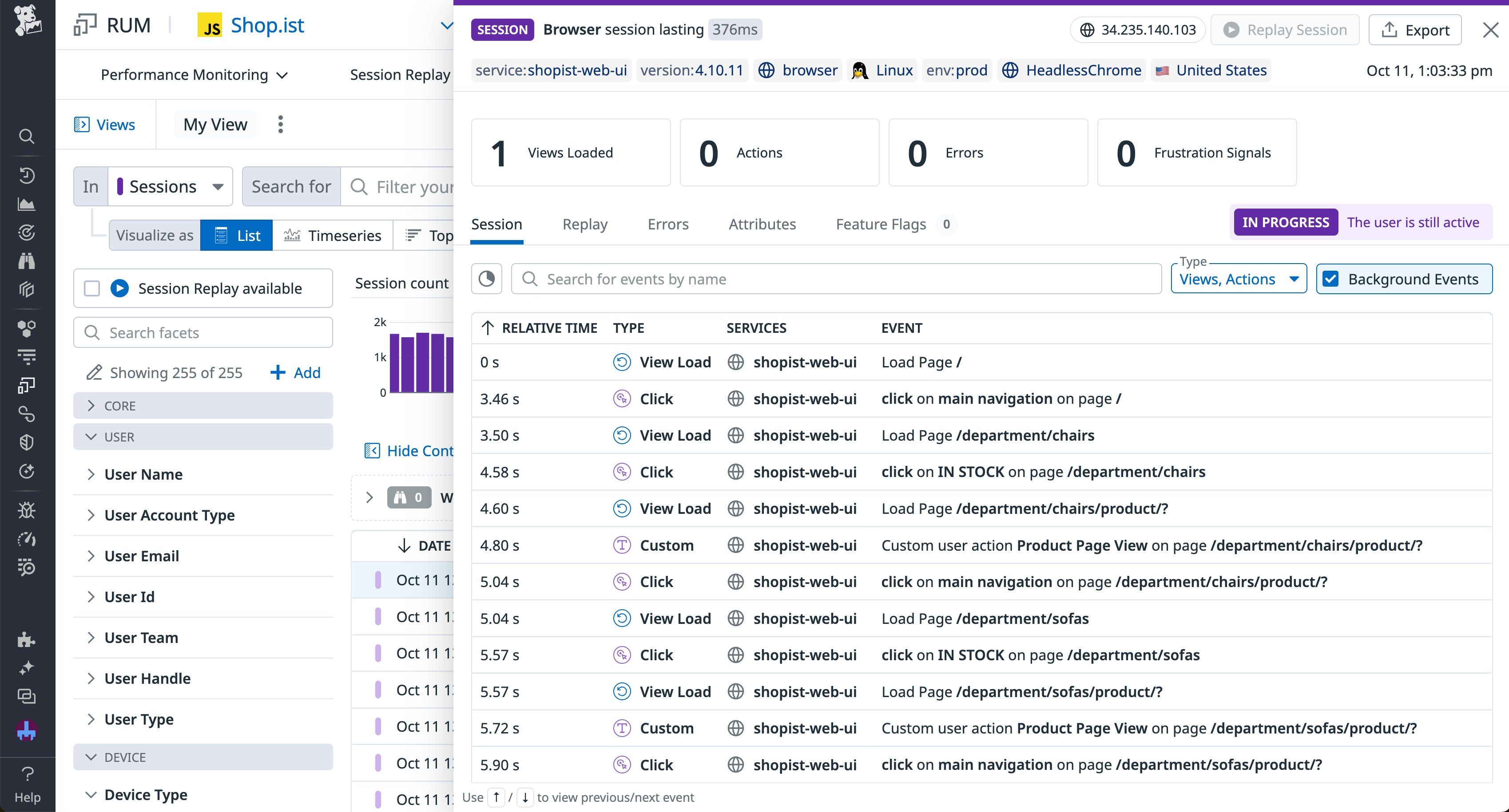 The details for a browser session in Datadog RUM.