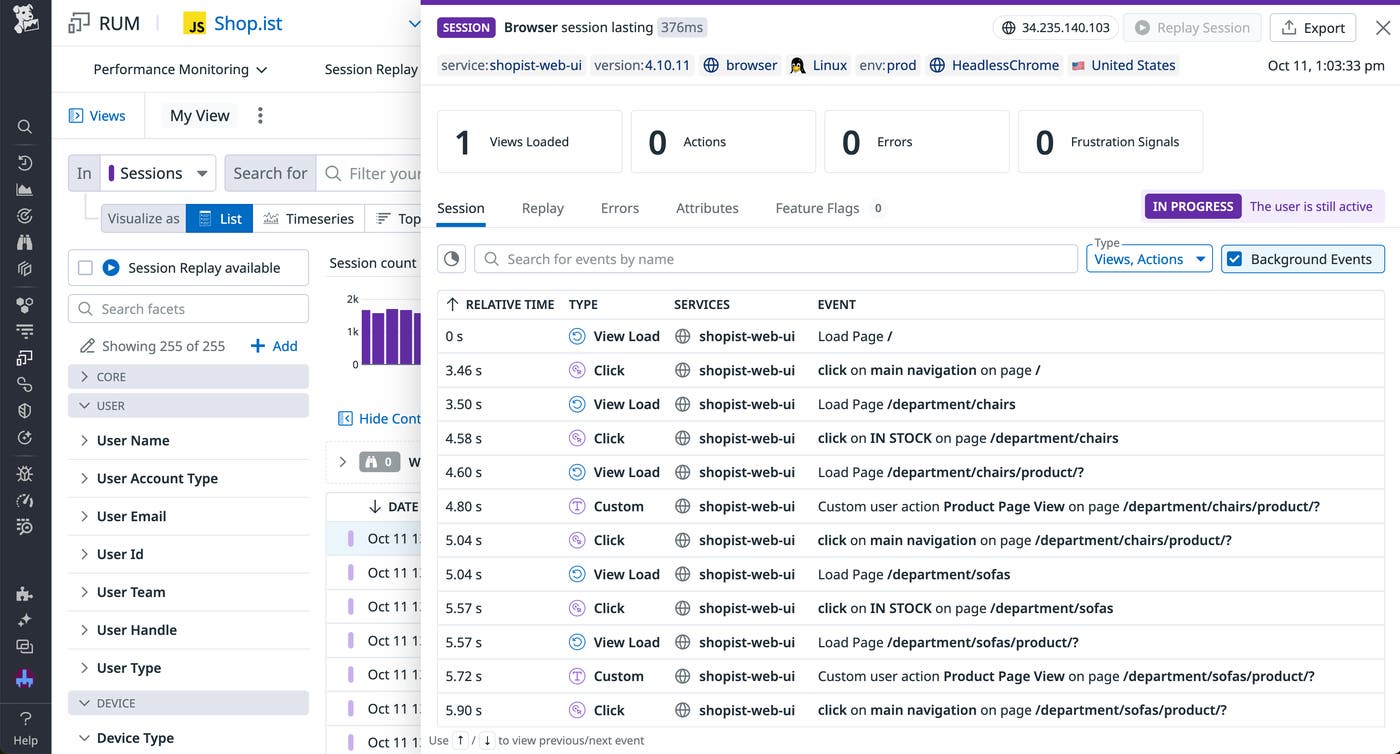 The details for a browser session in Datadog RUM. The details for a browser session in Datadog RUM.