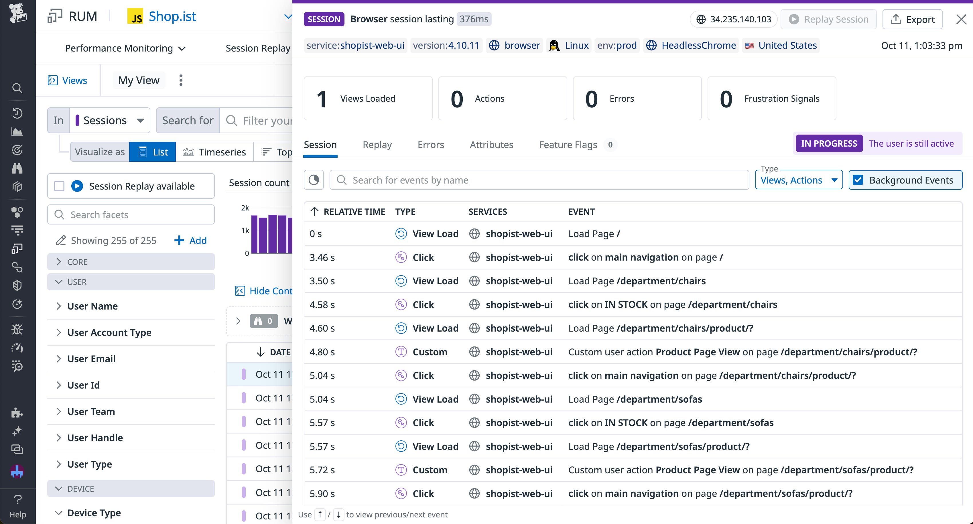 The details for a browser session in Datadog RUM. The details for a browser session in Datadog RUM.