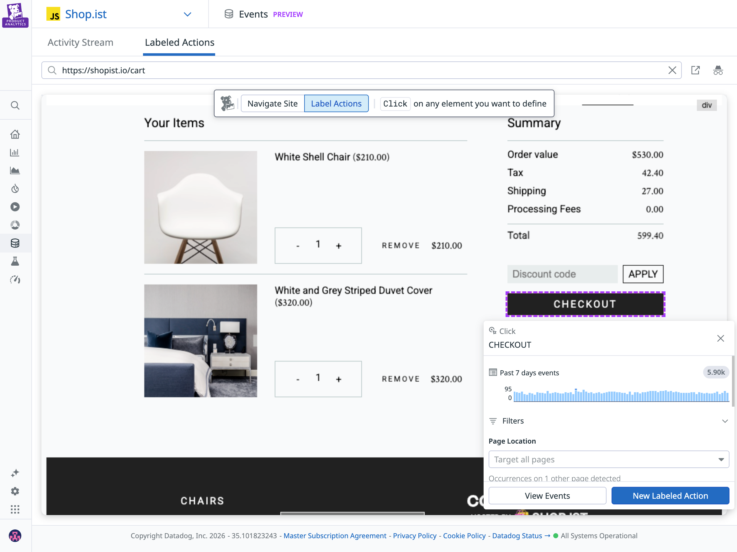 A screenshot showing checkout click data for an online store