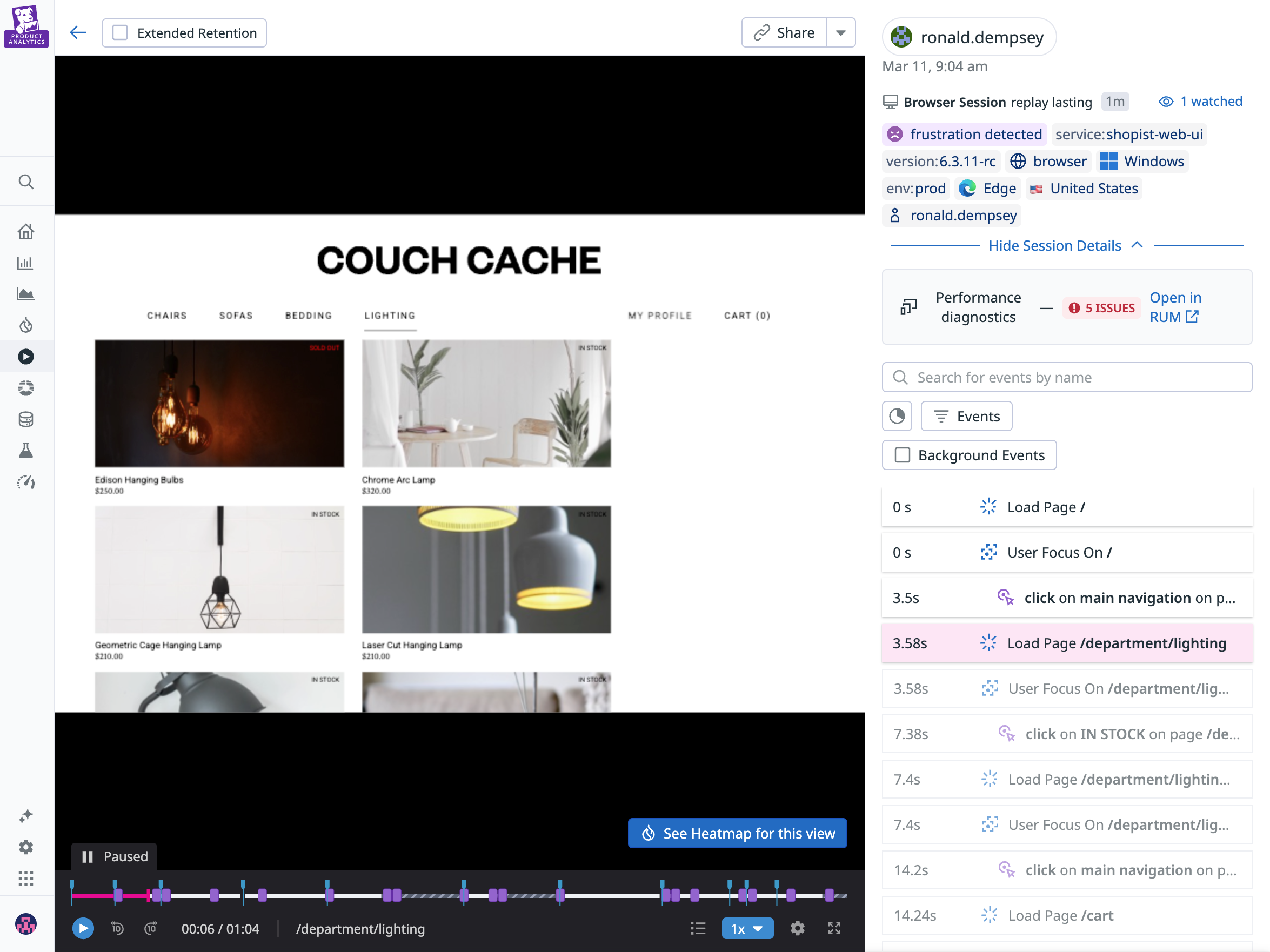 A screenshot showing a session replay correlating with product analytics and RUM data