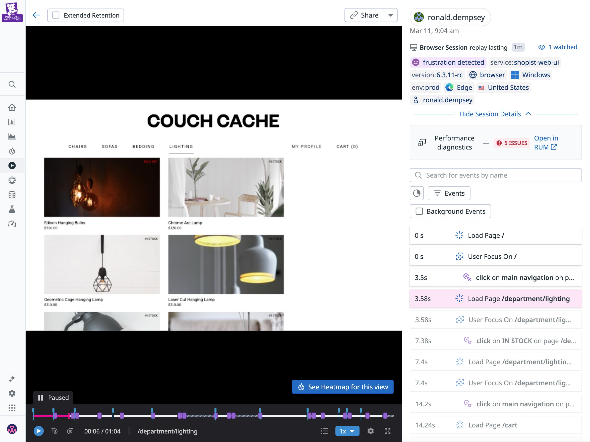 A screenshot showing a session replay correlating with product analytics and RUM data A screenshot showing a session replay correlating with product analytics and RUM data