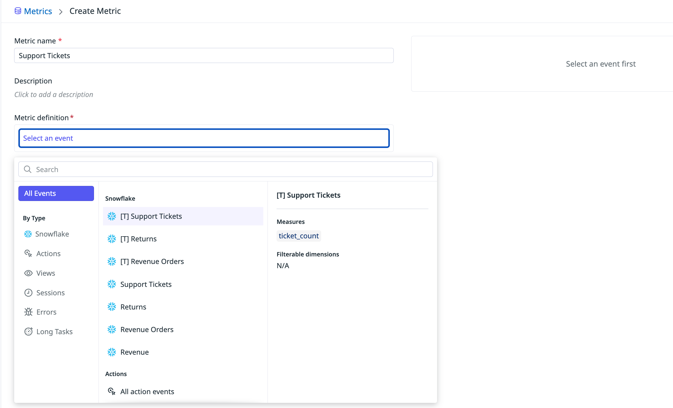 A screenshot showing the creation of a warehouse-native metric in Datadog.
