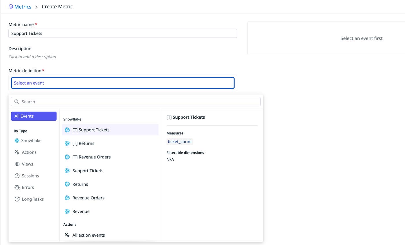 A screenshot showing the creation of a warehouse-native metric in Datadog. A screenshot showing the creation of a warehouse-native metric in Datadog.