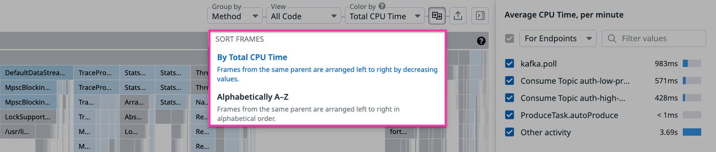 Sorting frames by total CPU time Sorting frames by total CPU time